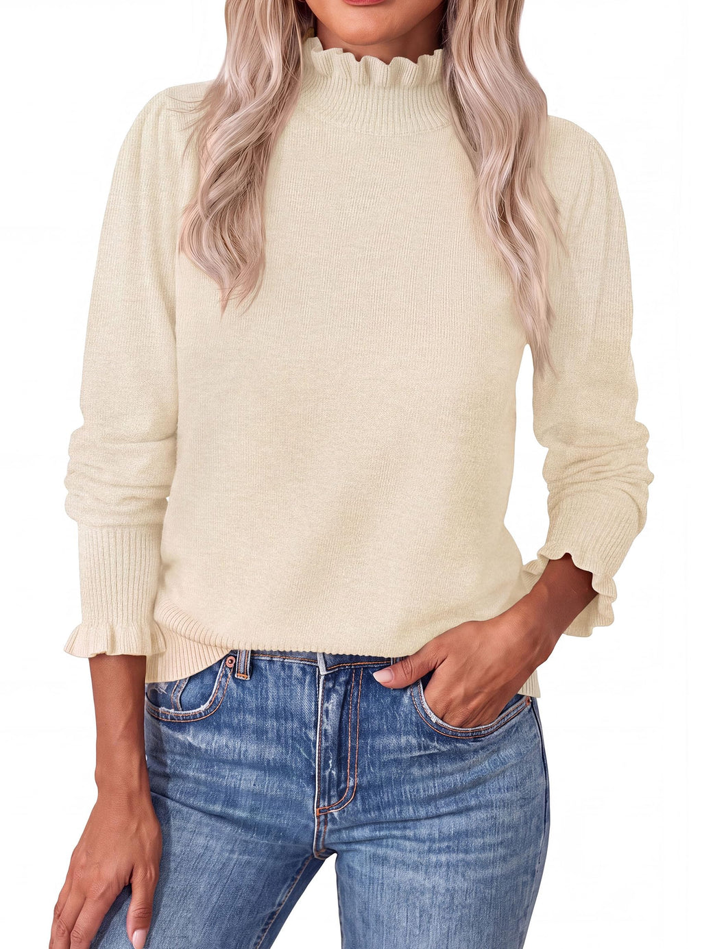 PRETTYGARDEN Women's Fall Cozy Sweaters Trendy Ruffle Mock Neck Pullover Soft Stretchy Warm, Ribbed Knit, Cute Tops, Puff Long Sleeve Blouses, Dressy Casual Shirts,Winter Clothing
