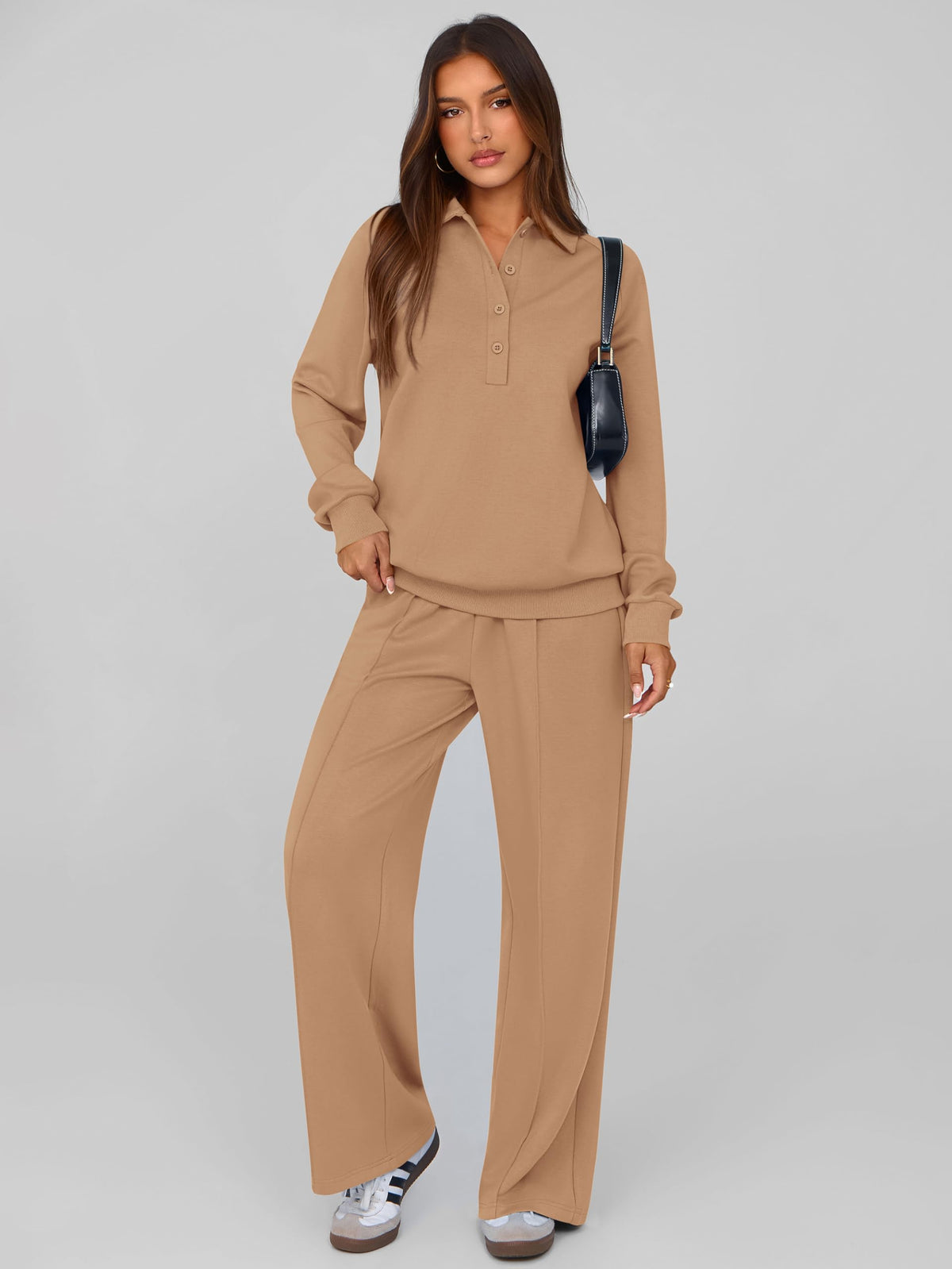 PRETTYGARDEN Women Fall 2 Piece Outfits Sweatsuits Lounge Sets Quarter Button Long Sleeve Sweatshirt, Wide Leg Sweat Pants, Casual 2 Piece Sets Tracksuit, Airport Travel Outfits for Women