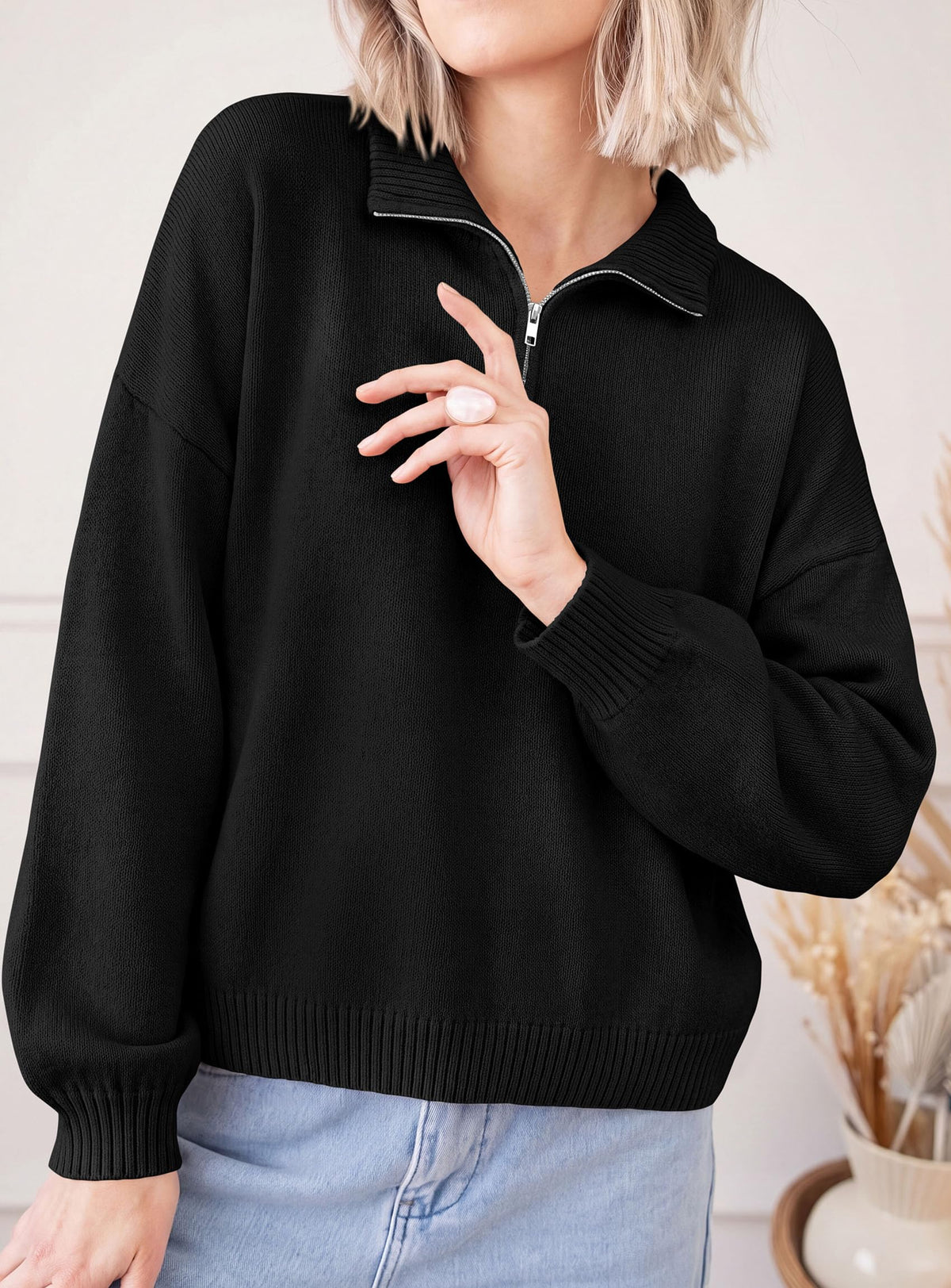 PRETTYGARDEN Women's Quarter Zip Pullover Oversized Sweaters Collared Neck, Long Balloon Sleeve, Jumper Tops, Soft Cozy Knit, Ribbed Hem, Loose Fit, Fall Outfits, Winter Fashion Clothing