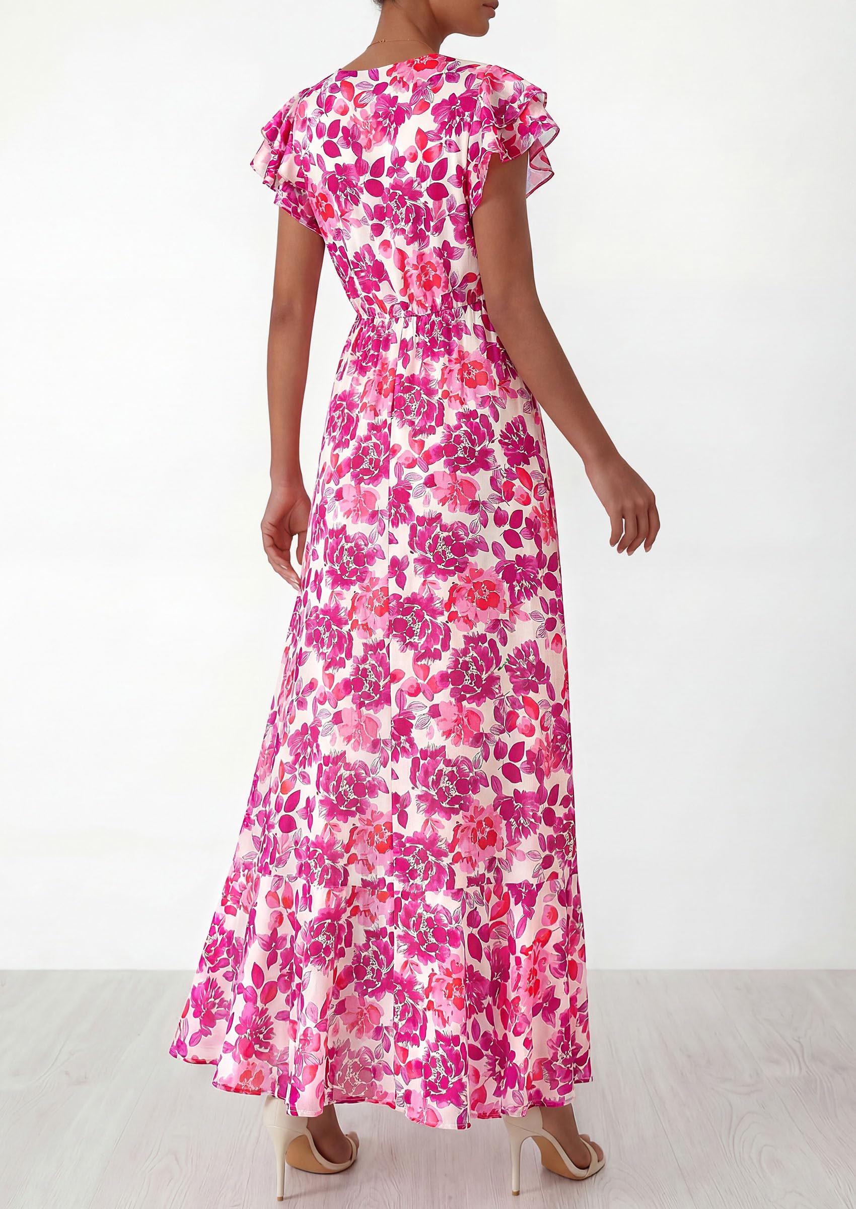 PRETTYGARDEN Womens Summer Floral Maxi Dresses Spring Short Sleeve Ruffle V Neck Flowy Boho Long Beach Vacation Sundress