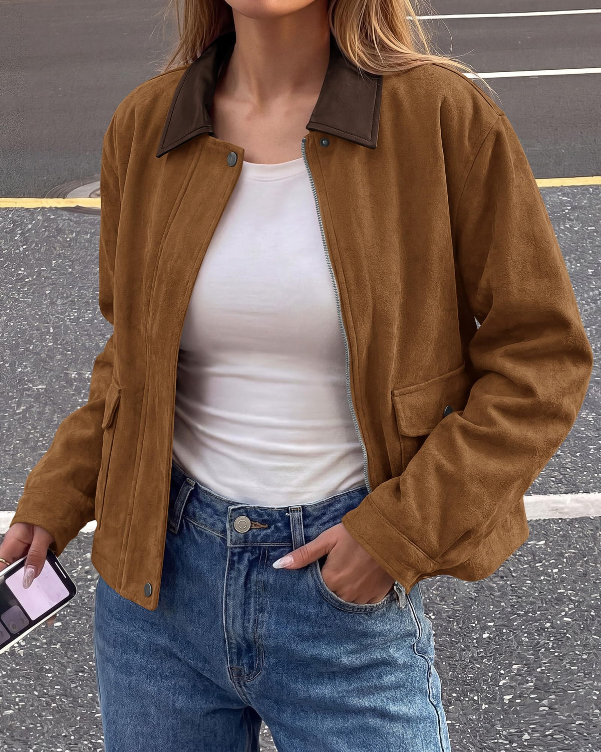BTFBM Faux Suede Jacket Women Leather Lapel Zip Up Fall Outfits Button Down Long Sleeve Outerwear With Flap Pockets, Early Winter Coats, Motorcycle Jackets, Western Country Concert Outfits