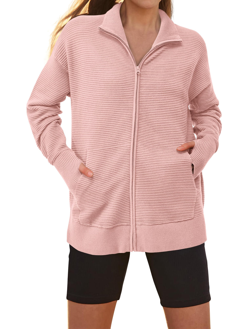 PRETTYGARDEN Womens Fall Long Sleeve Zip Up Cardigan Sweaters Casual Loose Collared Ribbed Knit Tops Jackets Thumb Hole