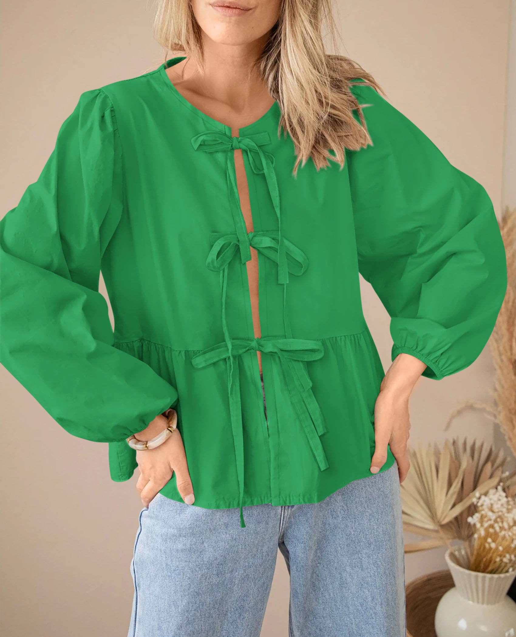 PRETTYGARDEN Women's Spring Fall Babydoll Peplum Blouse Shirt Puff Long Sleeve Bow Tie Front Trendy Cute Y2K Going Out Tops