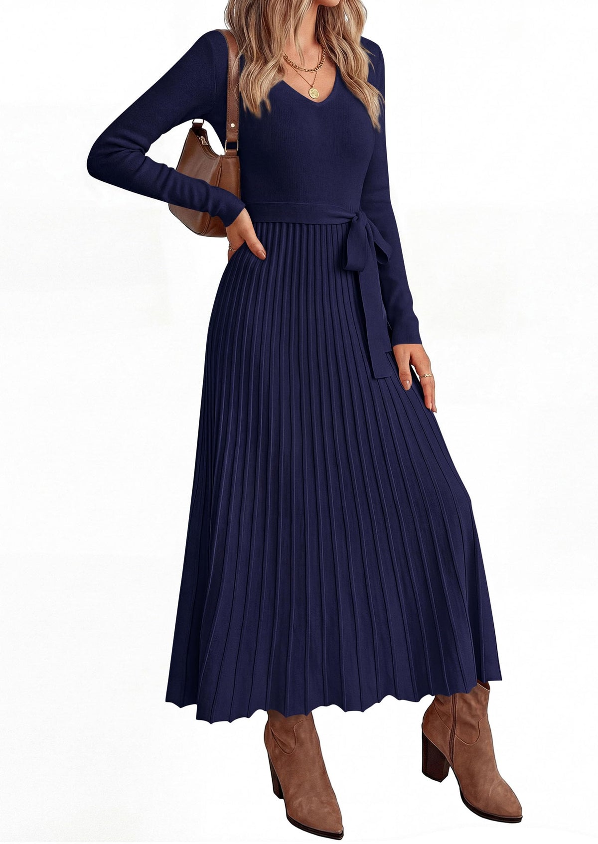 PRETTYGARDEN Womens Fall Maxi Long Sleeve Sweater Dress Soft Stretchy Knit, V Neck A Line Dresses with Bow, Flowy Pleated Hem, Cocktail Party Outfits, Trendy Winter Clothes