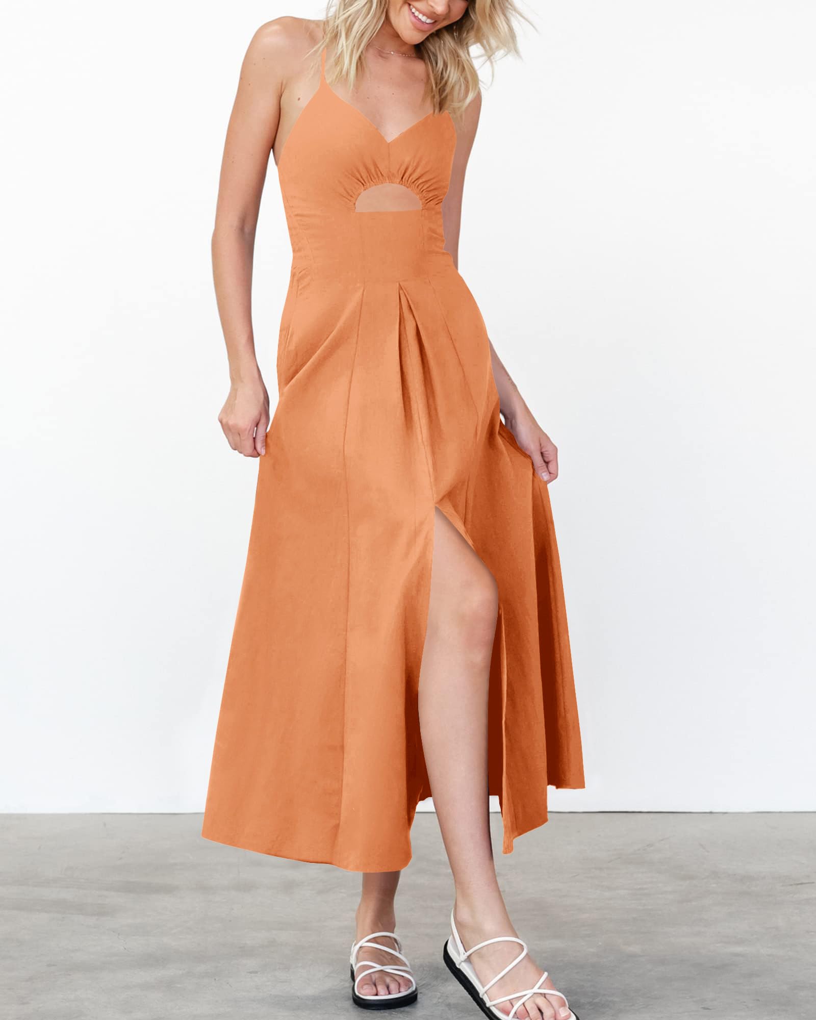 BTFBM Women Spaghetti Strap Midi Summer Dresses Sleeveless V Neck Cutout Slit Casual Beach Party Maxi Dress Pockets