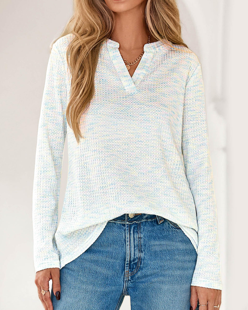 FreshPretty Waffle Knit Tops V Neck Long Sleeve Blouses for Women Dressy Casual Henley Work Shirts Spring Fall Clothes