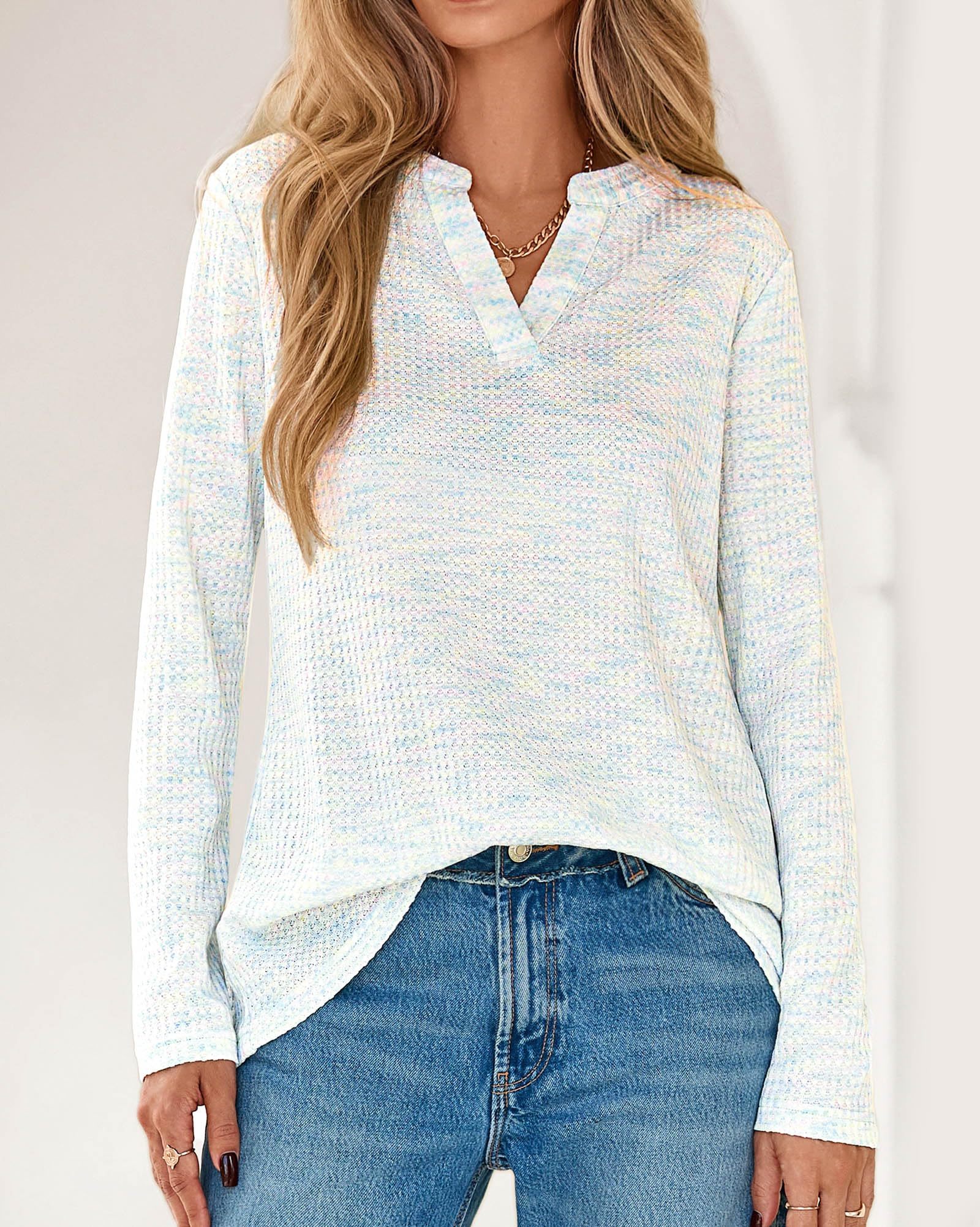 FreshPretty Waffle Knit Tops V Neck Long Sleeve Blouses for Women Dressy Casual Henley Work Shirts Spring Fall Clothes