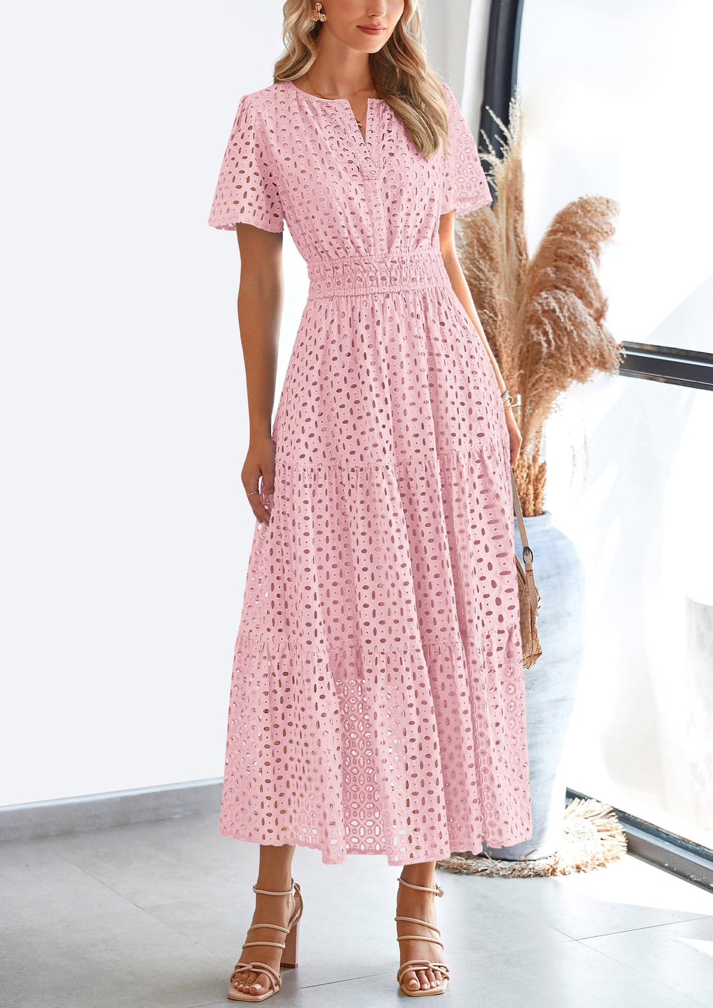 PRETTYGARDEN Womens Summer Maxi Dress Short Sleeve V Neck Hollow Out Eyelet A Line Long Flowy Beach Vacation Dresses