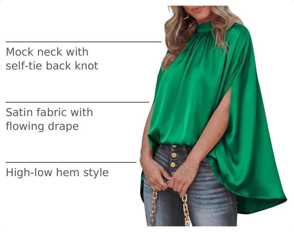 BTFBM Womens Summer Tops Mock Neck Batwing Sleeve Silk Satin Shirts Loose Oversized Dressy Casual Spring Blouses