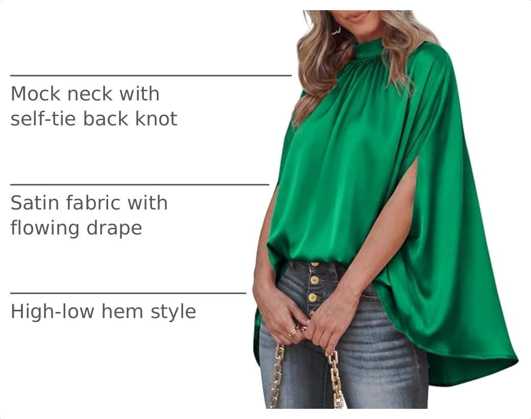 BTFBM Womens Summer Tops Mock Neck Batwing Sleeve Silk Satin Shirts Loose Oversized Dressy Casual Spring Blouses