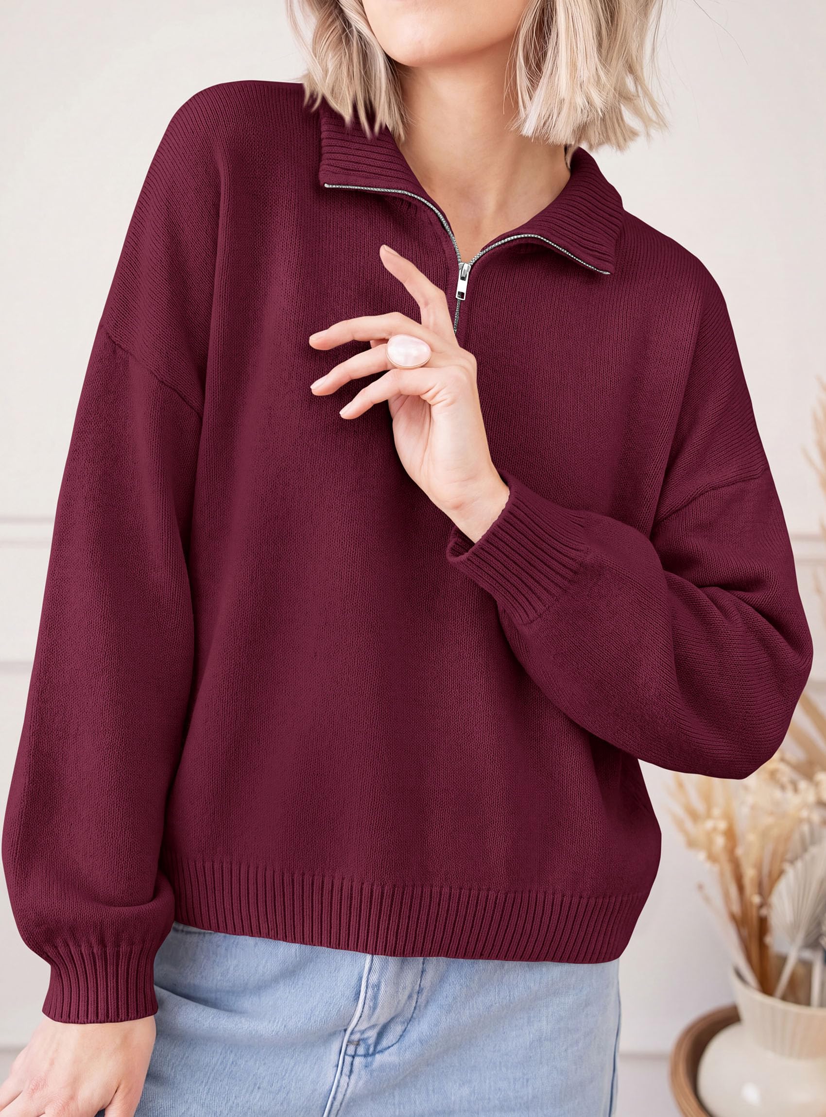 PRETTYGARDEN Women's Quarter Zip Pullover Oversized Sweaters Collared Neck, Long Balloon Sleeve, Jumper Tops, Soft Cozy Knit, Ribbed Hem, Loose Fit, Fall Outfits, Winter Fashion Clothing