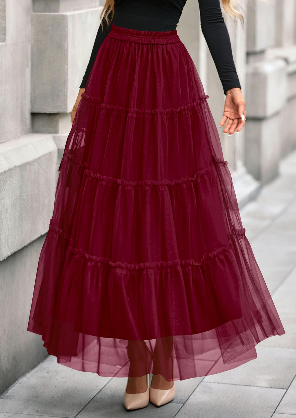 PRETTYGARDEN Tulle Skirts for Women Fall Fashion Elastic High Waisted Fairy Tiered Flowy A-Line Casual Maxi Long Skirt