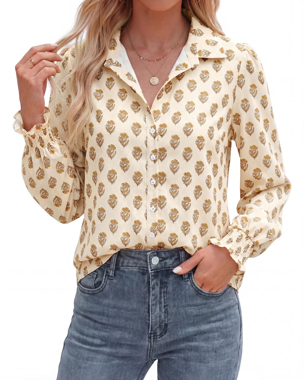 BTFBM Long Sleeve Blouses for Women, Floral V Neck Button Down Shirts, Smocked Cuffs, Business Casual Summer Outfits