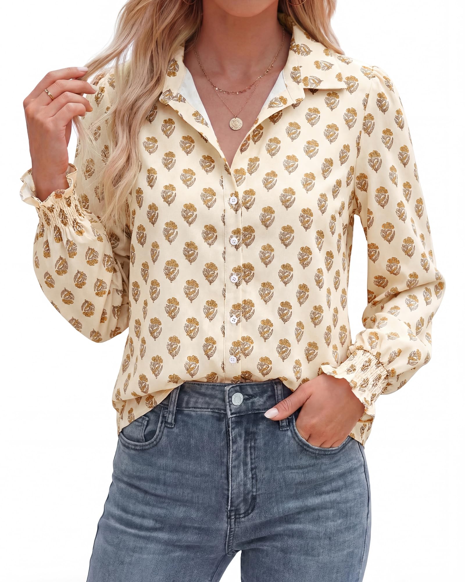 BTFBM Long Sleeve Blouses for Women, Floral V Neck Button Down Shirts, Smocked Cuffs, Business Casual Summer Outfits