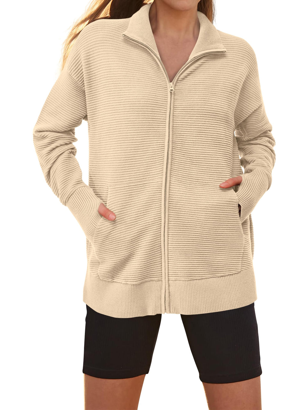 PRETTYGARDEN Womens Fall Long Sleeve Zip Up Cardigan Sweaters Casual Loose Collared Ribbed Knit Tops Jackets Thumb Hole