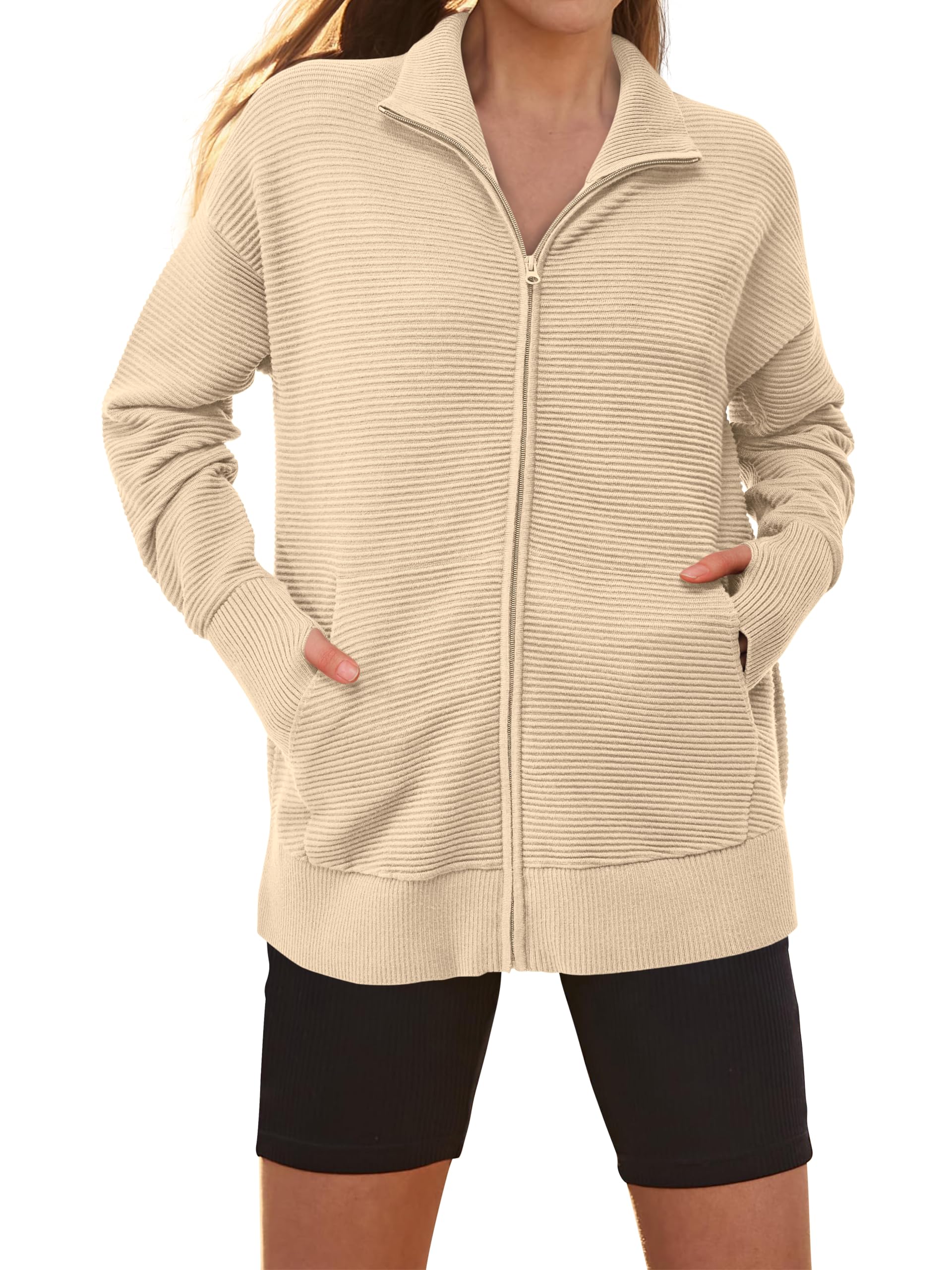 PRETTYGARDEN Womens Fall Long Sleeve Zip Up Cardigan Sweaters Casual Loose Collared Ribbed Knit Tops Jackets Thumb Hole