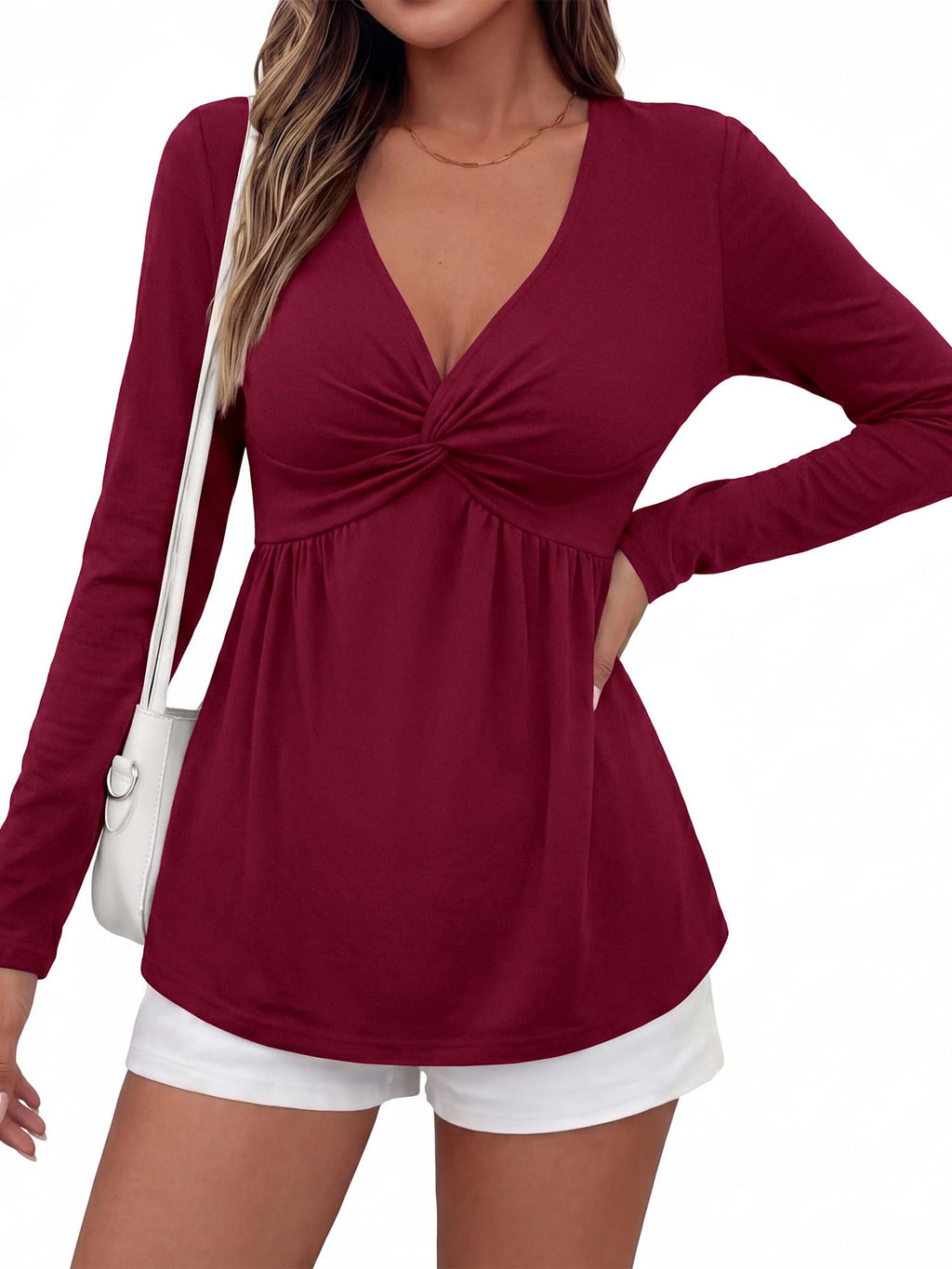 BTFBM Babydoll Tops for Women Fall Clothes Long Sleeve Shirts Peplum Top Twist Front Empire Waist V Neck Shirts, Fashion Clothing, Dressy Casual Blouses, Daily Wear Going Out Date Night Outfits