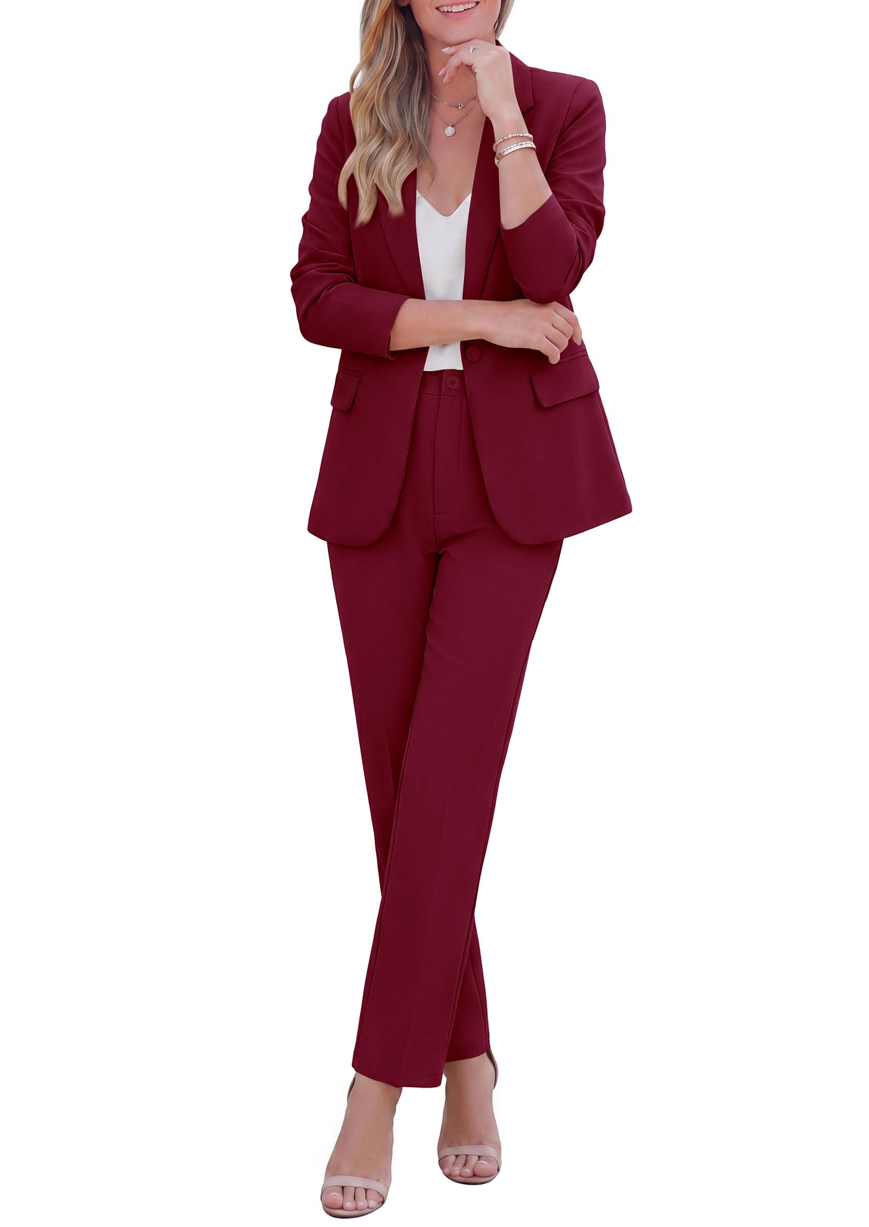 PRETTYGARDEN Two Piece Sets for Women Dressy Pant Suits Lapel Blazer,Straight Leg Dress Pants,Professional Interview Suit Set,Business Casual Outfits,Office Work Clothes,Fall Winter