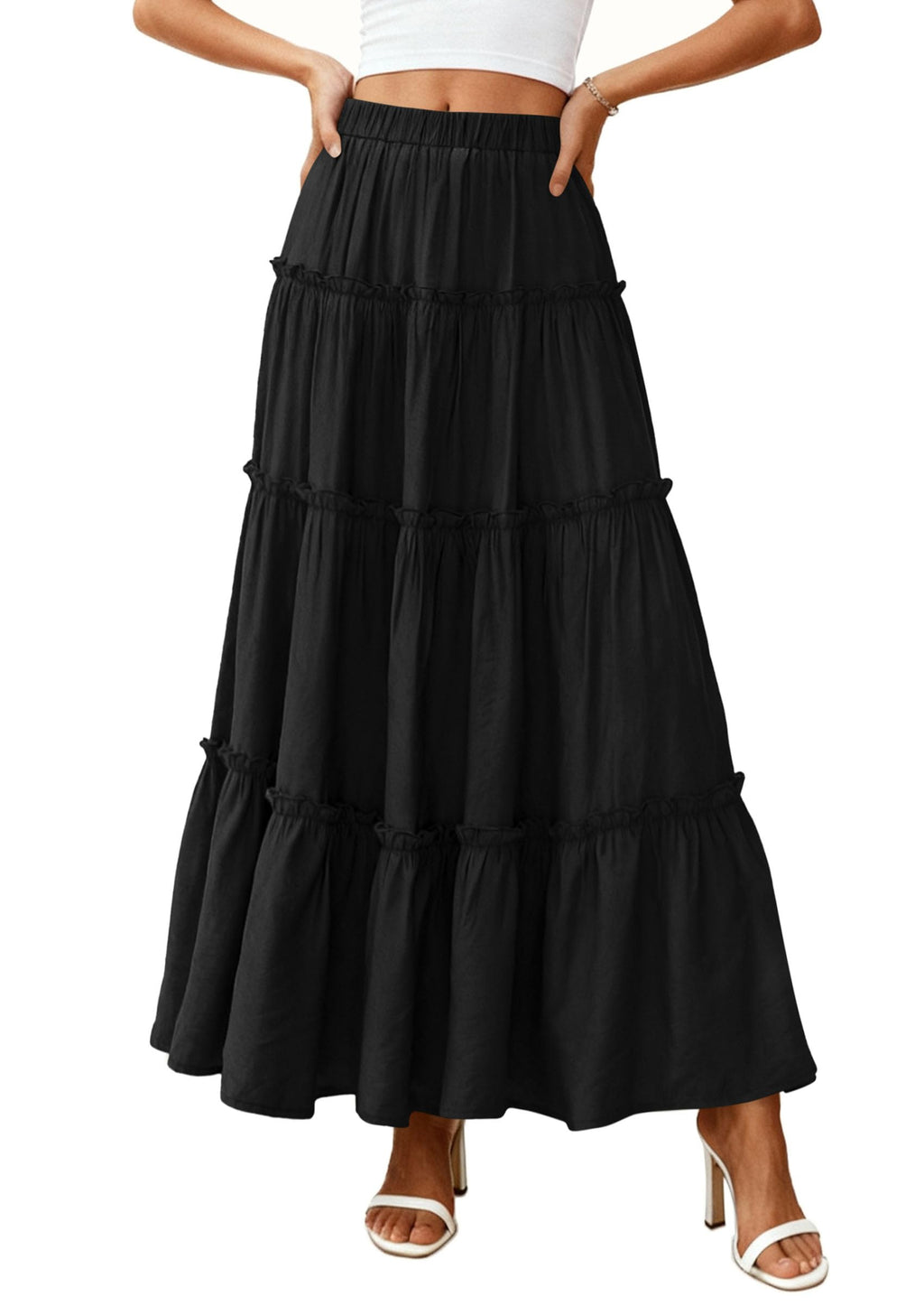 PRETTYGARDEN Women's Tiered Maxi Skirt Summer Spring Fashion High Waisted Long Flowy Casual Boho Beach Vacation Clothes