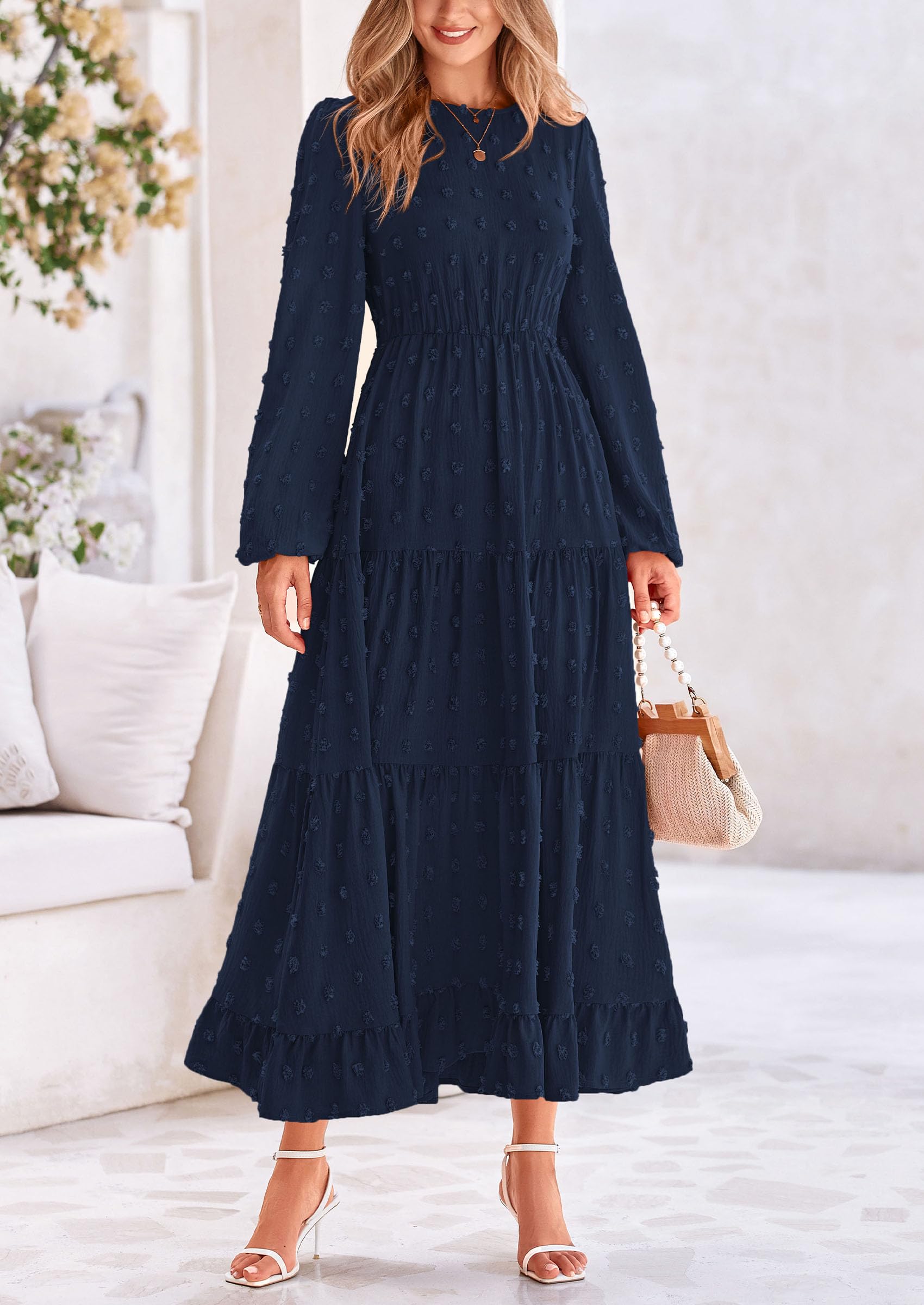 PRETTYGARDEN Women's Fall Spring Elegant Long Sleeve Maxi Dress Swiss Dot A Line Flowy Casual Holiday Party Going Out Dresses