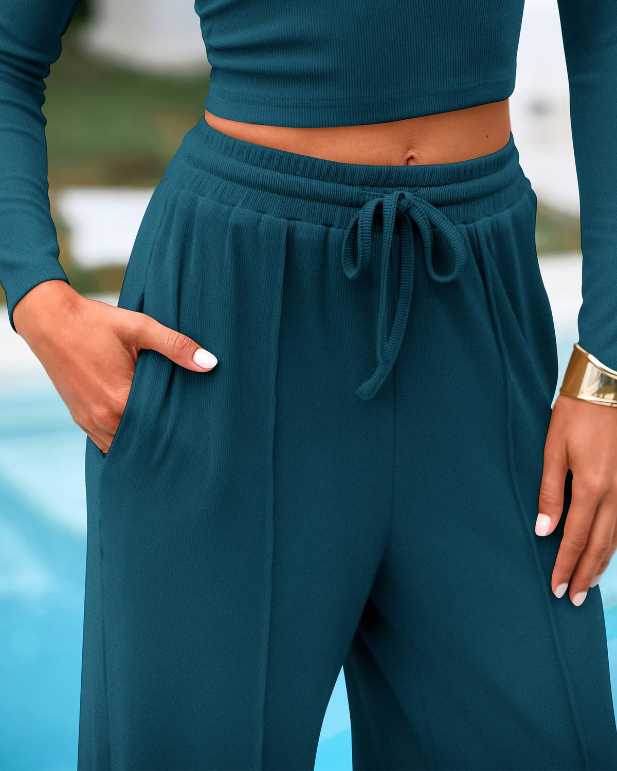 BTFBM Casual 2 Piece Sets For Women Fall Outfits Ribbed Spring Long Sleeve Crop Top Wide Leg Pants Matching Lounge Set