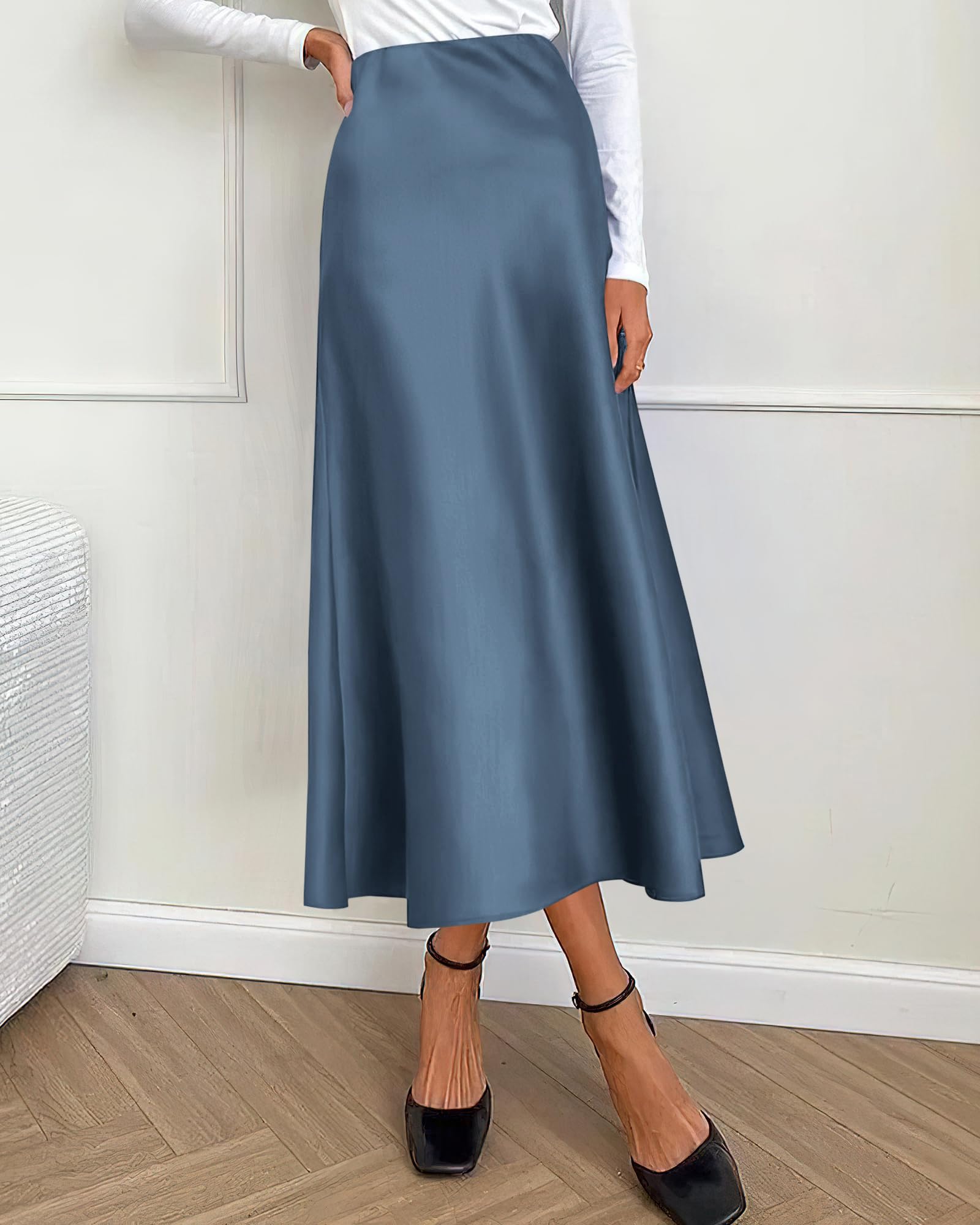 BTFBM Summer Womens Skirts Silk Elegant High Waist Flowy Long Satin A-Line Midi Skirt Cocktail Wedding Party