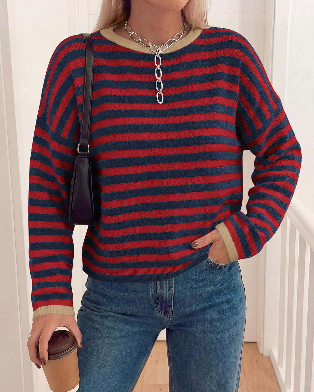 BTFBM Women's Lightweight Oversized Striped Sweater | Soft Knit Cozy Sweaters, Crew Neck Long Sleeve Pullover, y2k Color Block, Casual Holiday Outfits, Winter Fall Clothes