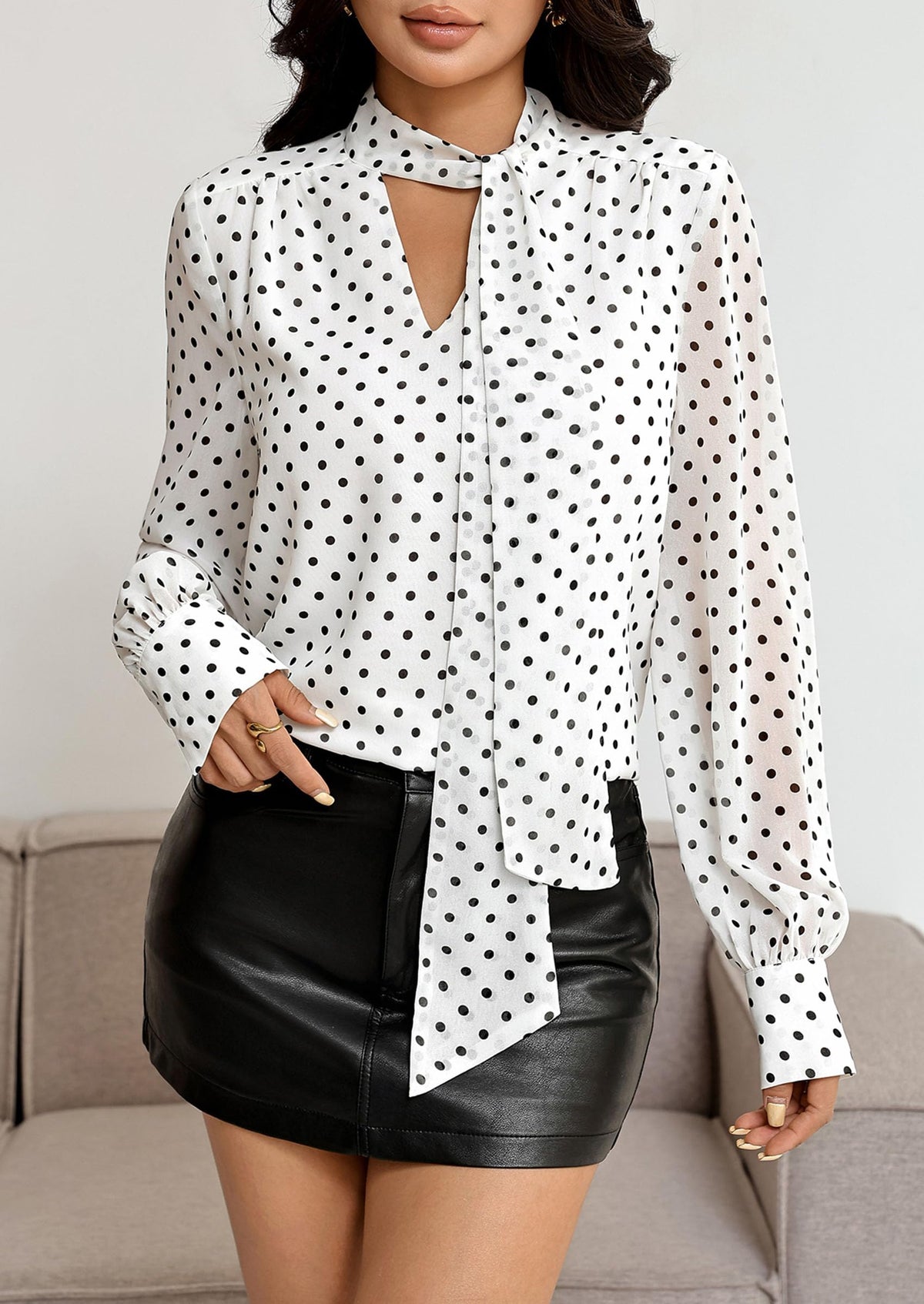 PRETTYGARDEN Women Chiffon Boho Blouses Dressy Casual Flowy Fall Tops, Long Sleeve V Neck Shirts with Tie, Elegant Date Night Outfit for Work Office, Going Out