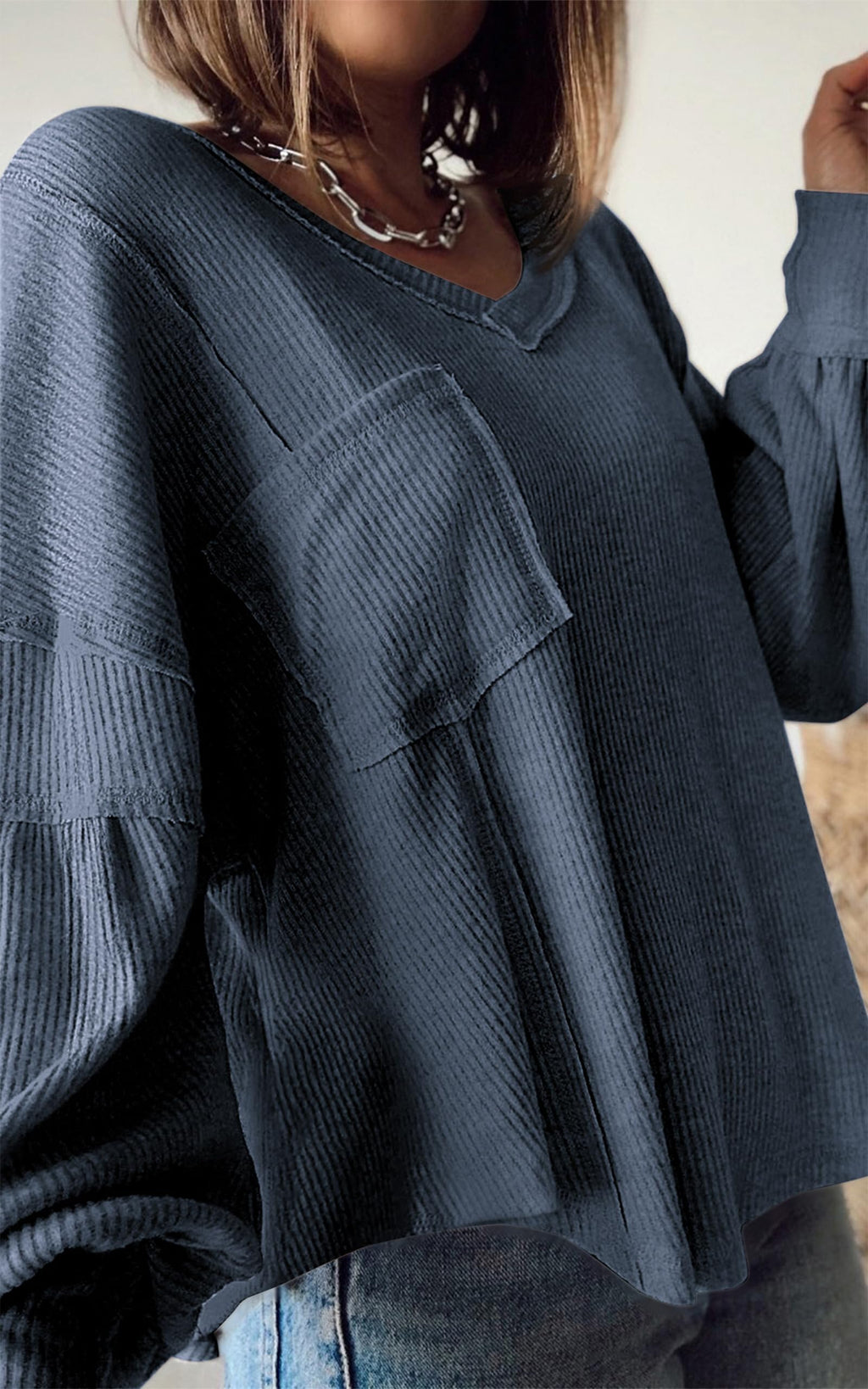 FreshPretty Womens Fall Fashion Long Sleeve Shirts Casual V Neck Ribbed Knit Blouses Pullover Trendy Loose Fit Tunic Tops