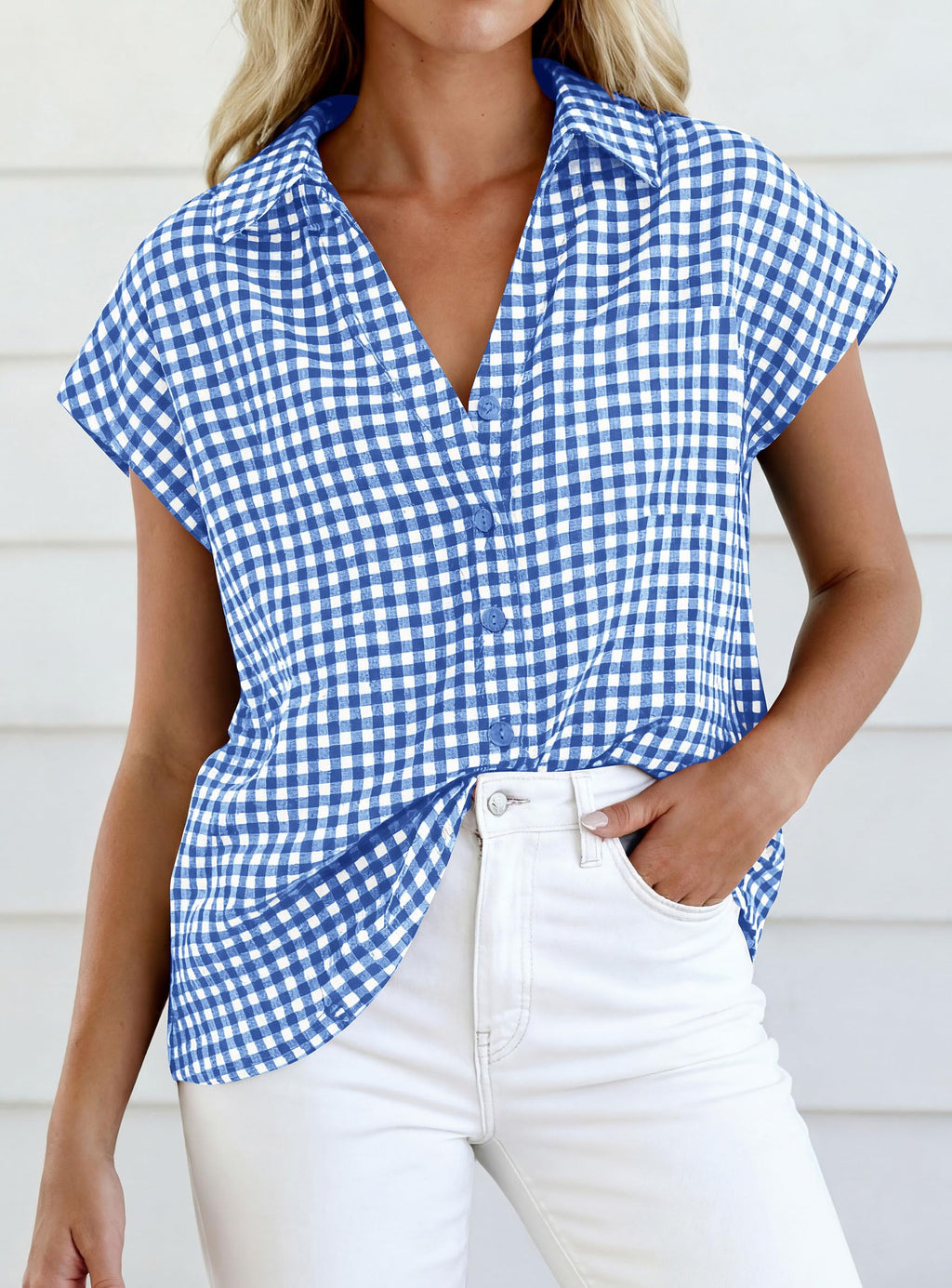 PRETTYGARDEN Womens Short Sleeve Shirts Plaid Button Down Blouse Dressy Casual Summer Spring Business Gingham Work Tops
