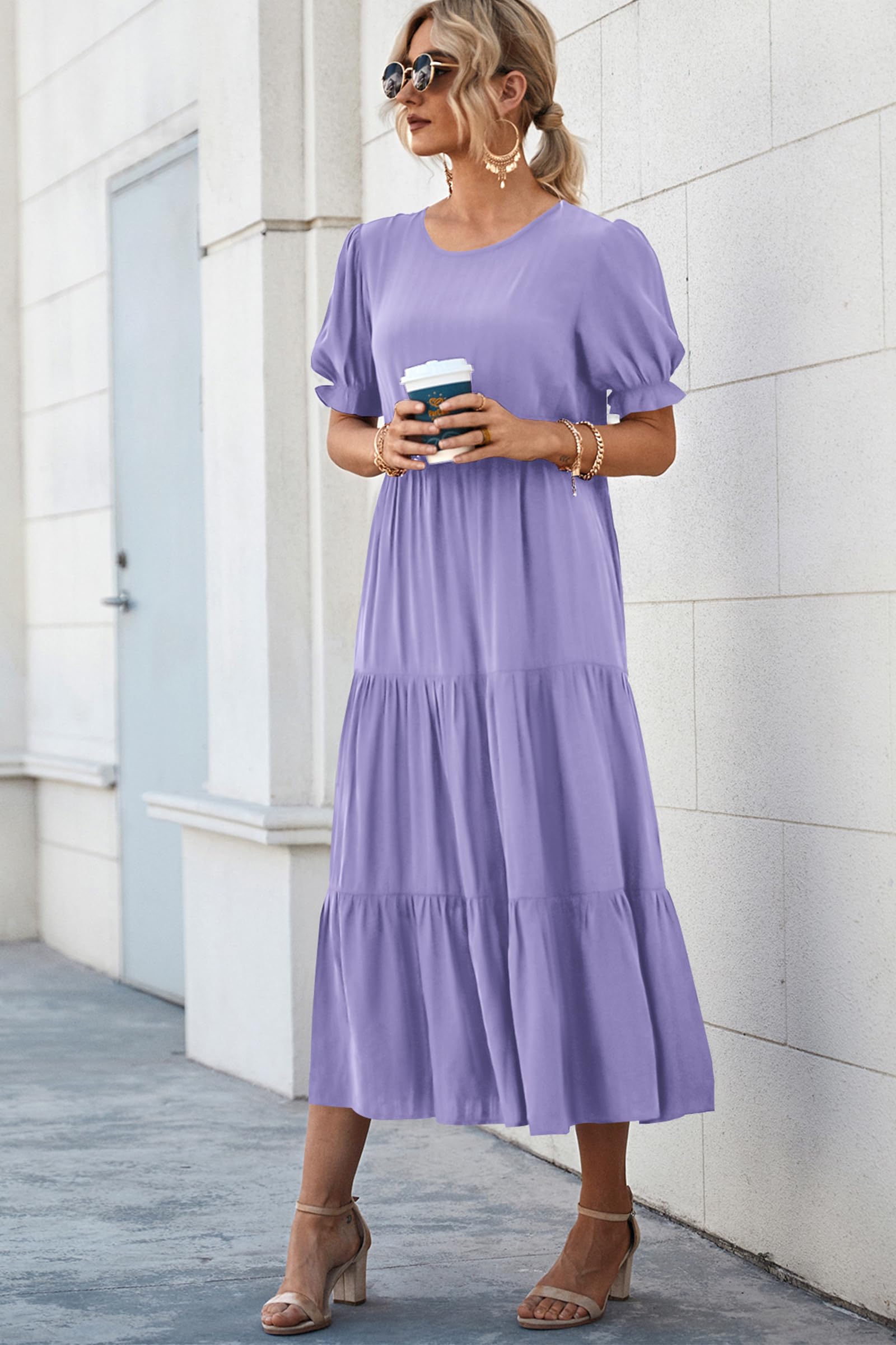 PRETTYGARDEN Summer Dresses for Women Casual Floral Boho Midi Sun Dress Puff Short Sleeve Flowy Beach Vacation Sundress