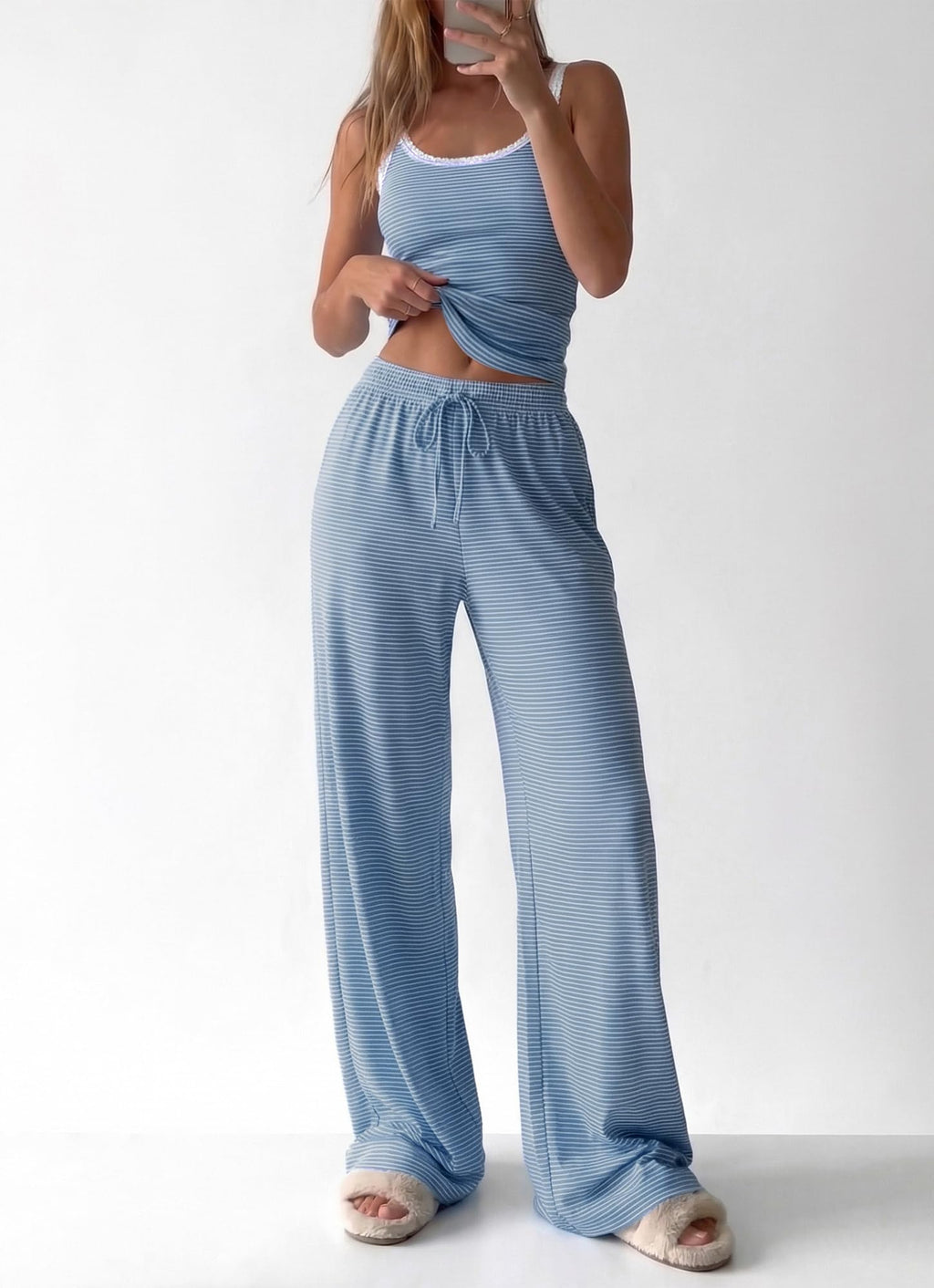 BTFBM Lounge Sets For Women Striped 2 Piece Pajama Sets Spaghetti Strap Tops Wide Leg Pants Beach Vacation Outfits