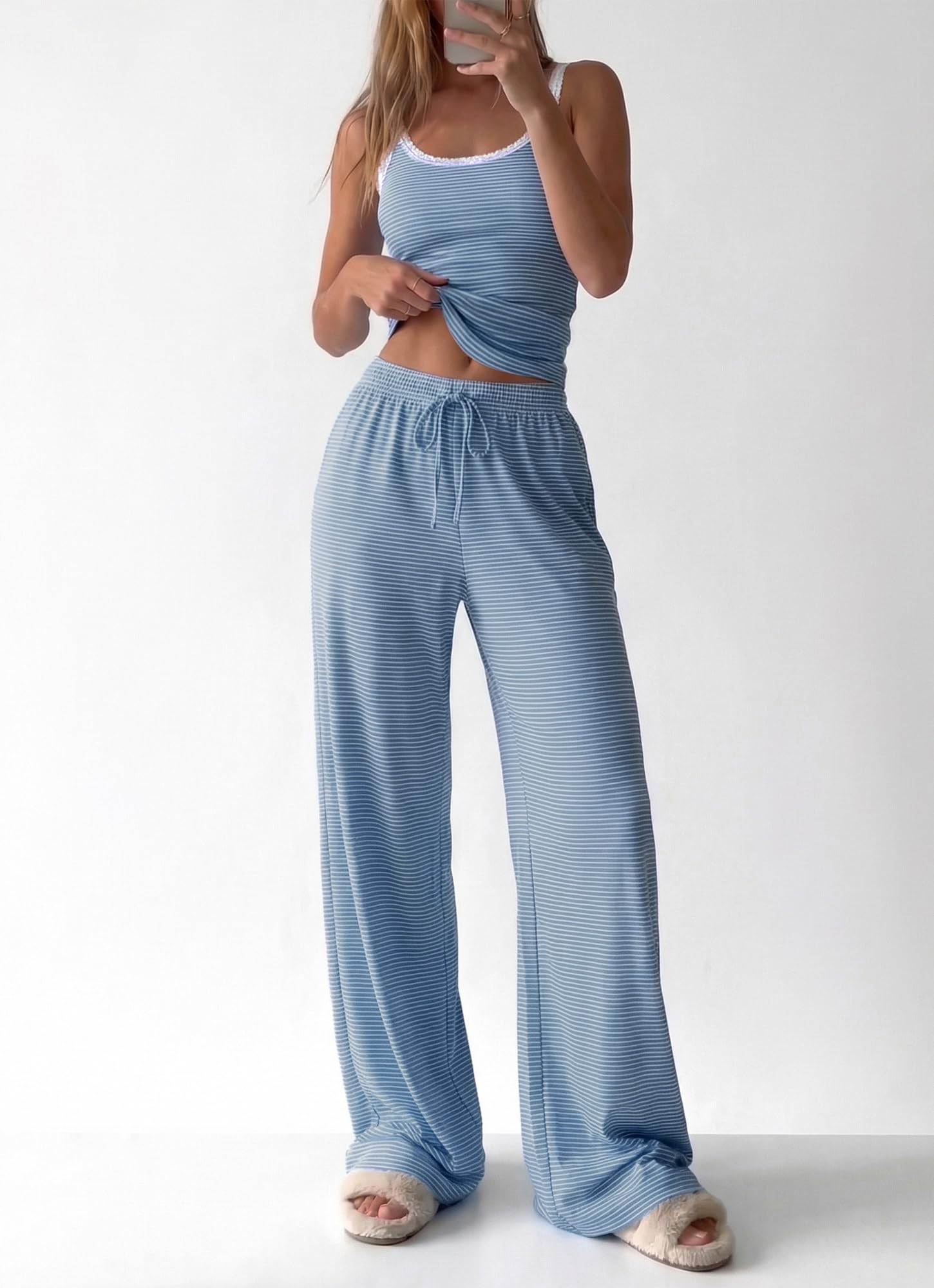 BTFBM Lounge Sets For Women Striped 2 Piece Pajama Sets Spaghetti Strap Tops Wide Leg Pants Beach Vacation Outfits