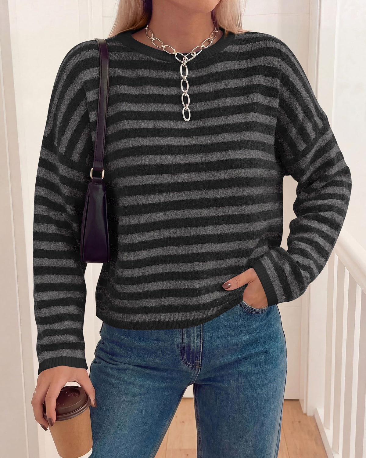 BTFBM Women's Lightweight Oversized Striped Sweater | Soft Knit Cozy Sweaters, Crew Neck Long Sleeve Pullover, y2k Color Block, Casual Holiday Outfits, Winter Fall Clothes