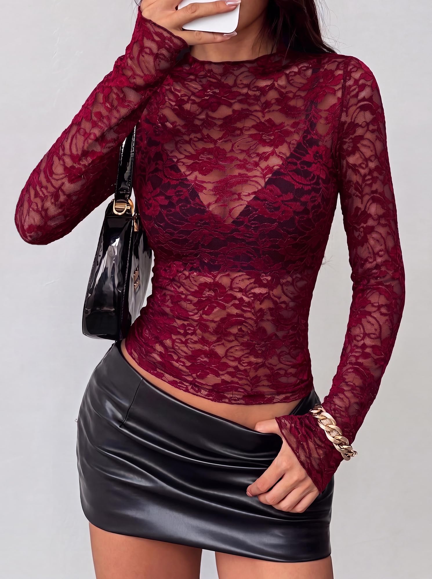 BTFBM Lace Long Sleeve Tops for Women Sexy Mesh Sheer Shirt | Mock Neck,Slim Fitted,Party,Club Outfits,Fall Winter