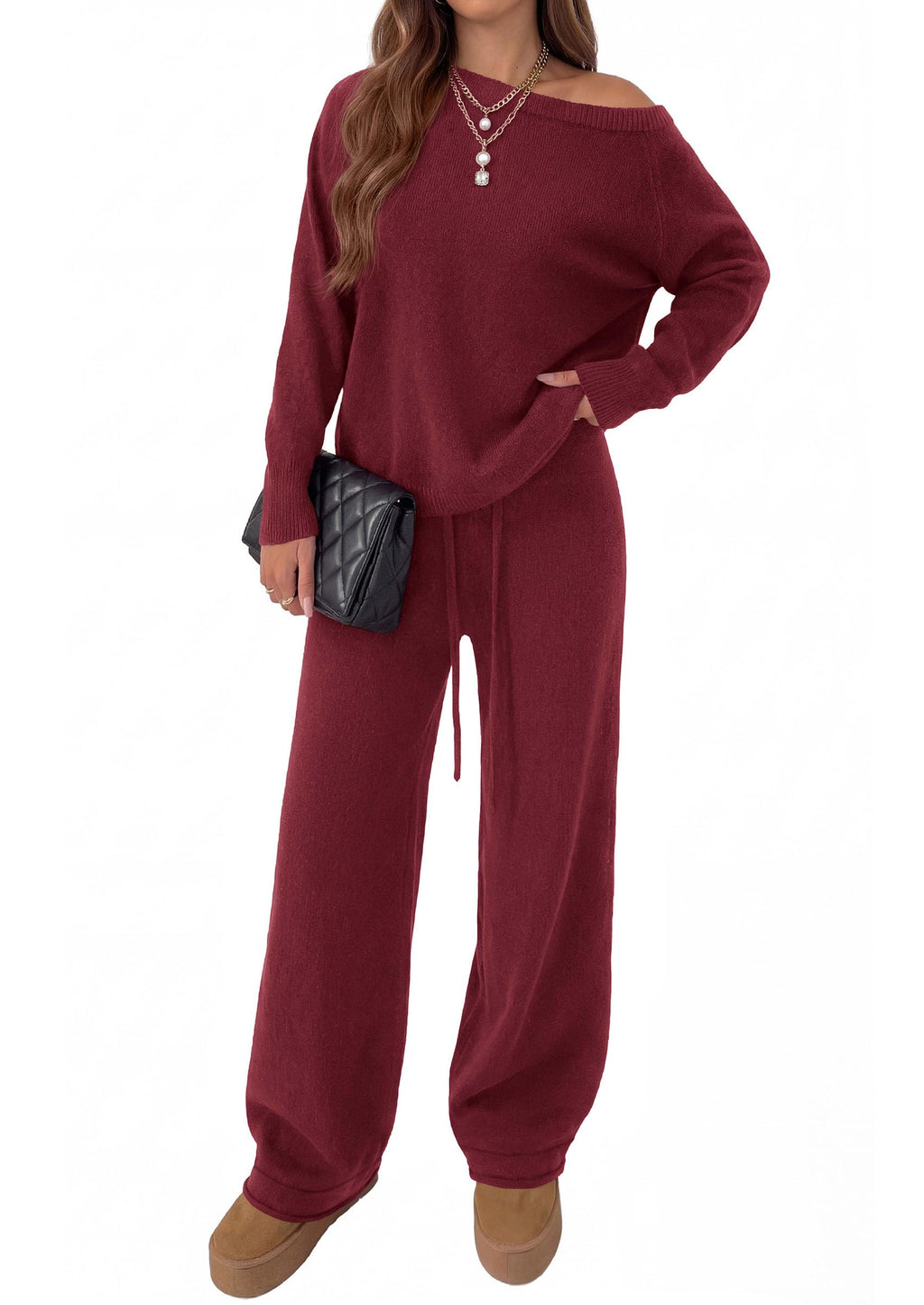 PRETTYGARDEN Lounge Sets Womens Sweaters Two Piece Outfits Cozy Boat Neck Long Sleeve Tops, Wide Leg Pants with Drawstring, Casual Fall Fashion Airport & Travel, Knit Matching Set