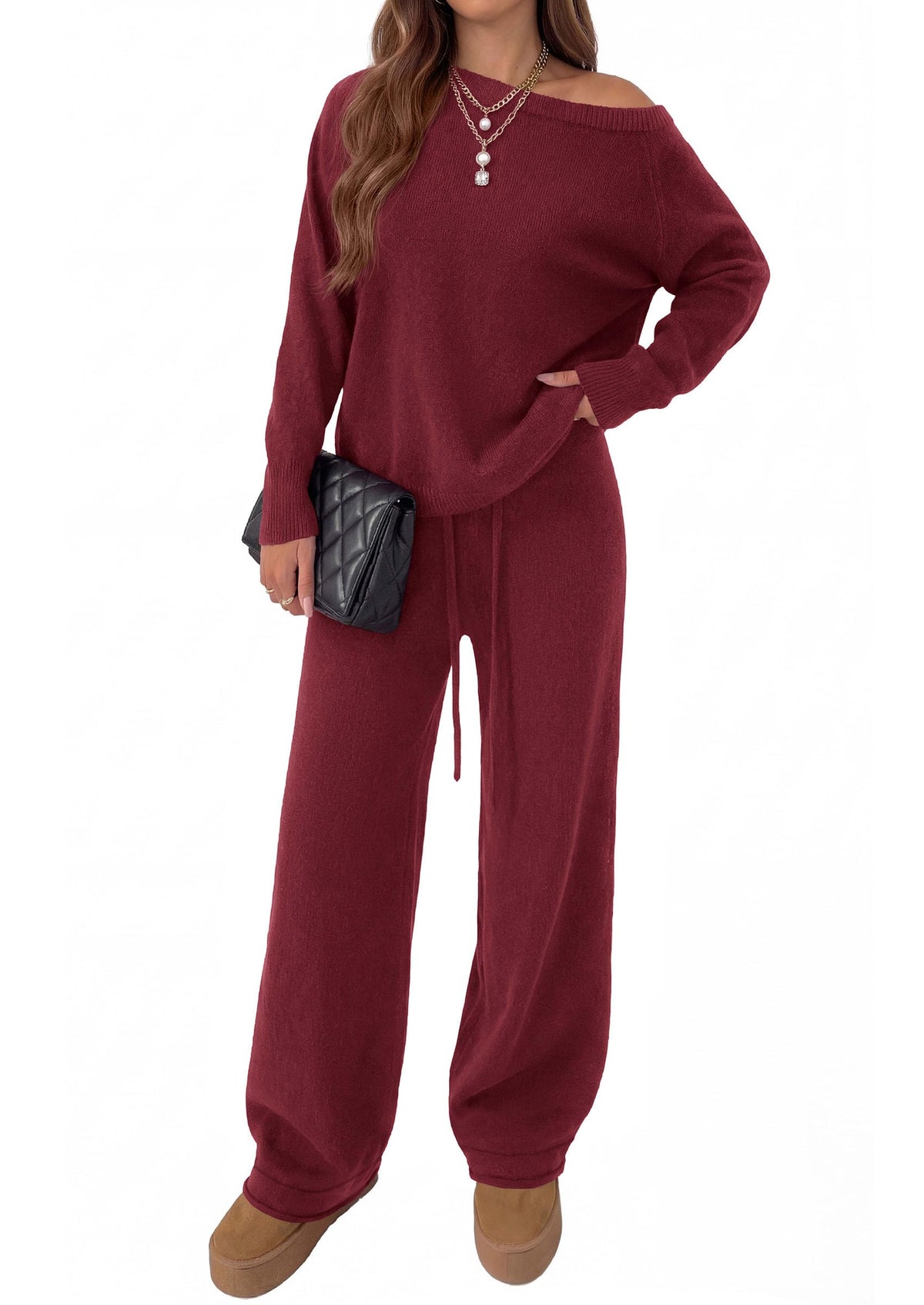 PRETTYGARDEN Lounge Sets Womens Sweaters Two Piece Outfits Cozy Boat Neck Long Sleeve Tops, Wide Leg Pants with Drawstring, Casual Fall Fashion Airport & Travel, Knit Matching Set