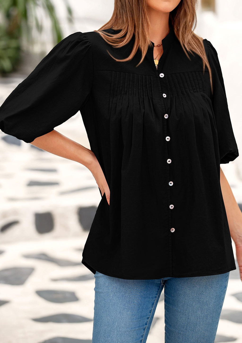 PRETTYGARDEN Women's  Summer Short Lantern Sleeve Tops Loose Fit Button Down Shirt Pleated V Neck Blouses Trendy Clothes