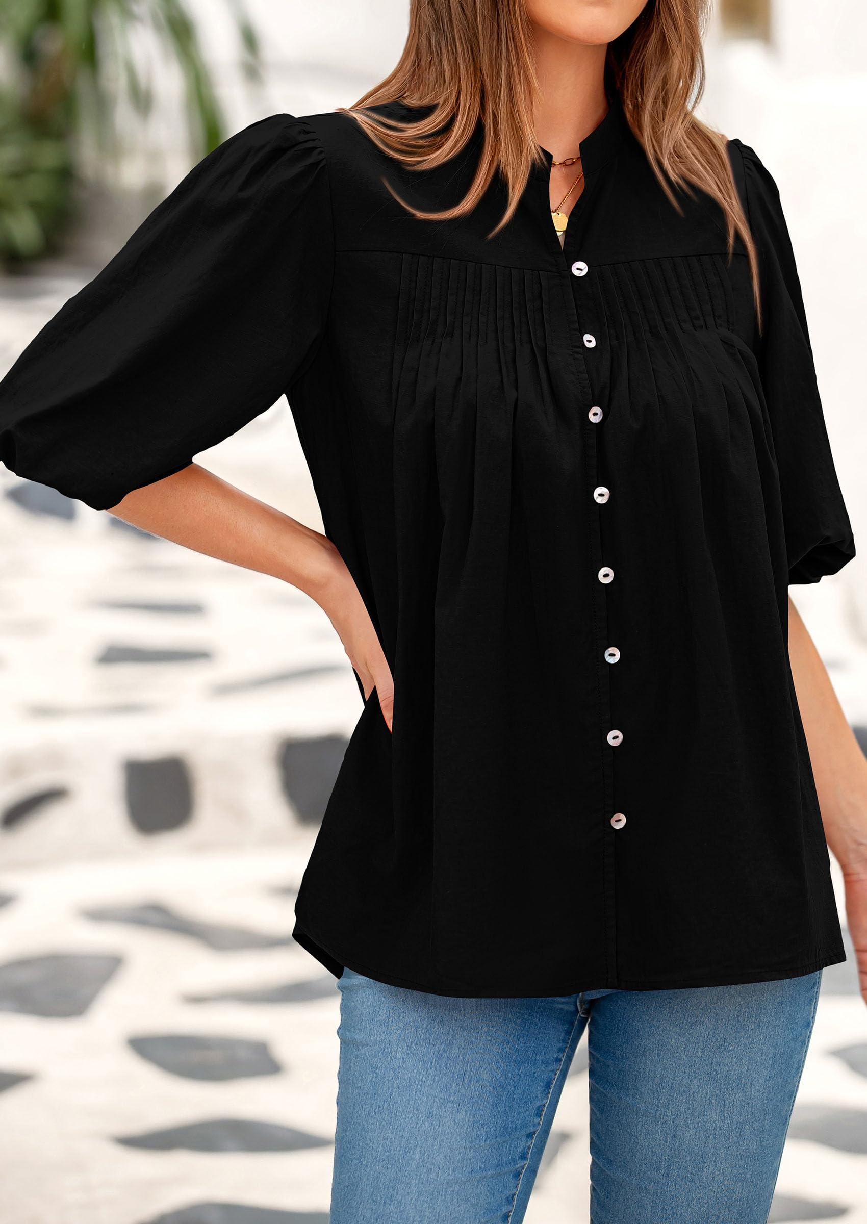PRETTYGARDEN Women's  Summer Short Lantern Sleeve Tops Loose Fit Button Down Shirt Pleated V Neck Blouses Trendy Clothes