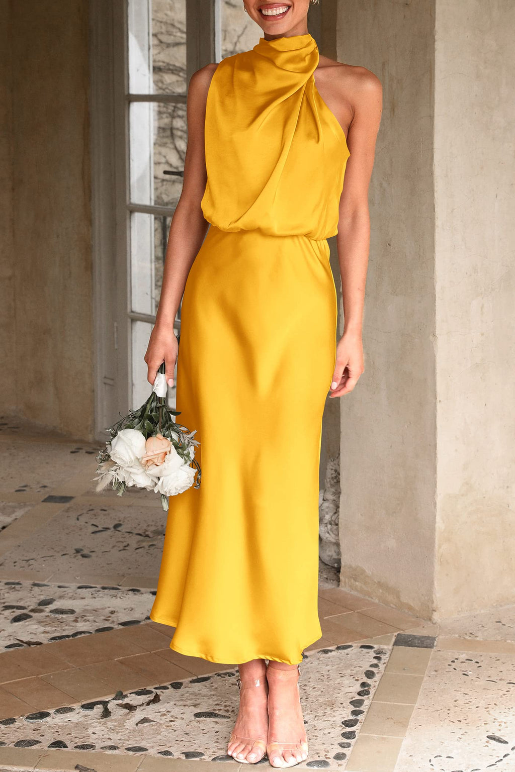 PRETTYGARDEN Women's Summer Satin Dress Elegant Sleeveless Mock Neck Cocktail Party Maxi Dresses