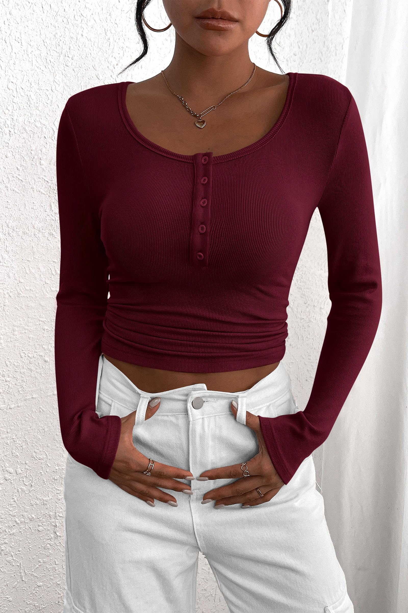 PRETTYGARDEN Women's Fall Long Sleeve Henley T Shirts Button Ribbed Knit Slim Fit Basic Tops Blouse Casual Outfits