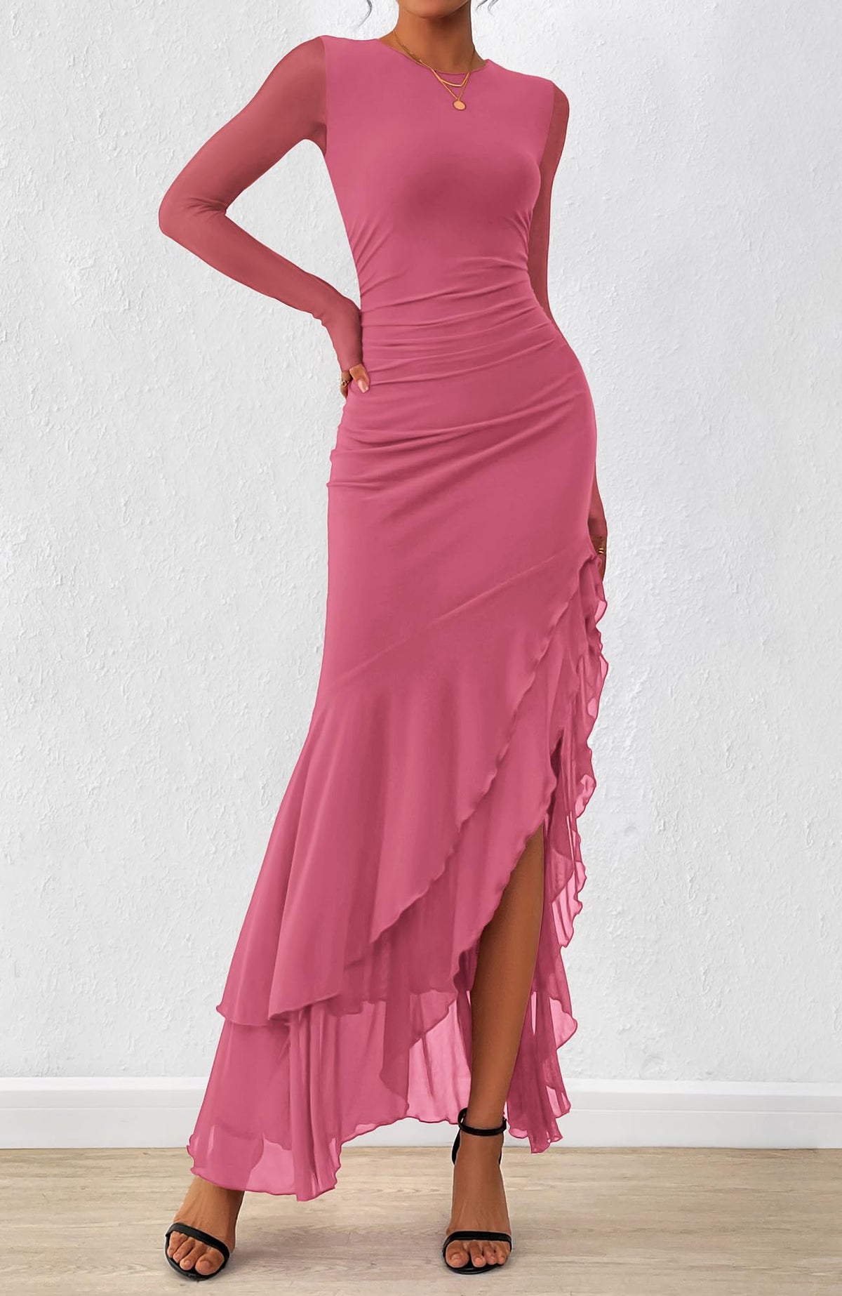 BTFBM Women's Maxi Dresses Fall Long Sleeve Wedding Guest Dress Mesh,Ruched,Bodycon,High Split,Solid Color,Ruffle, Mermaid,Cocktail Dresses,Prom,Party,Homecoming Dress,Fall Outfits