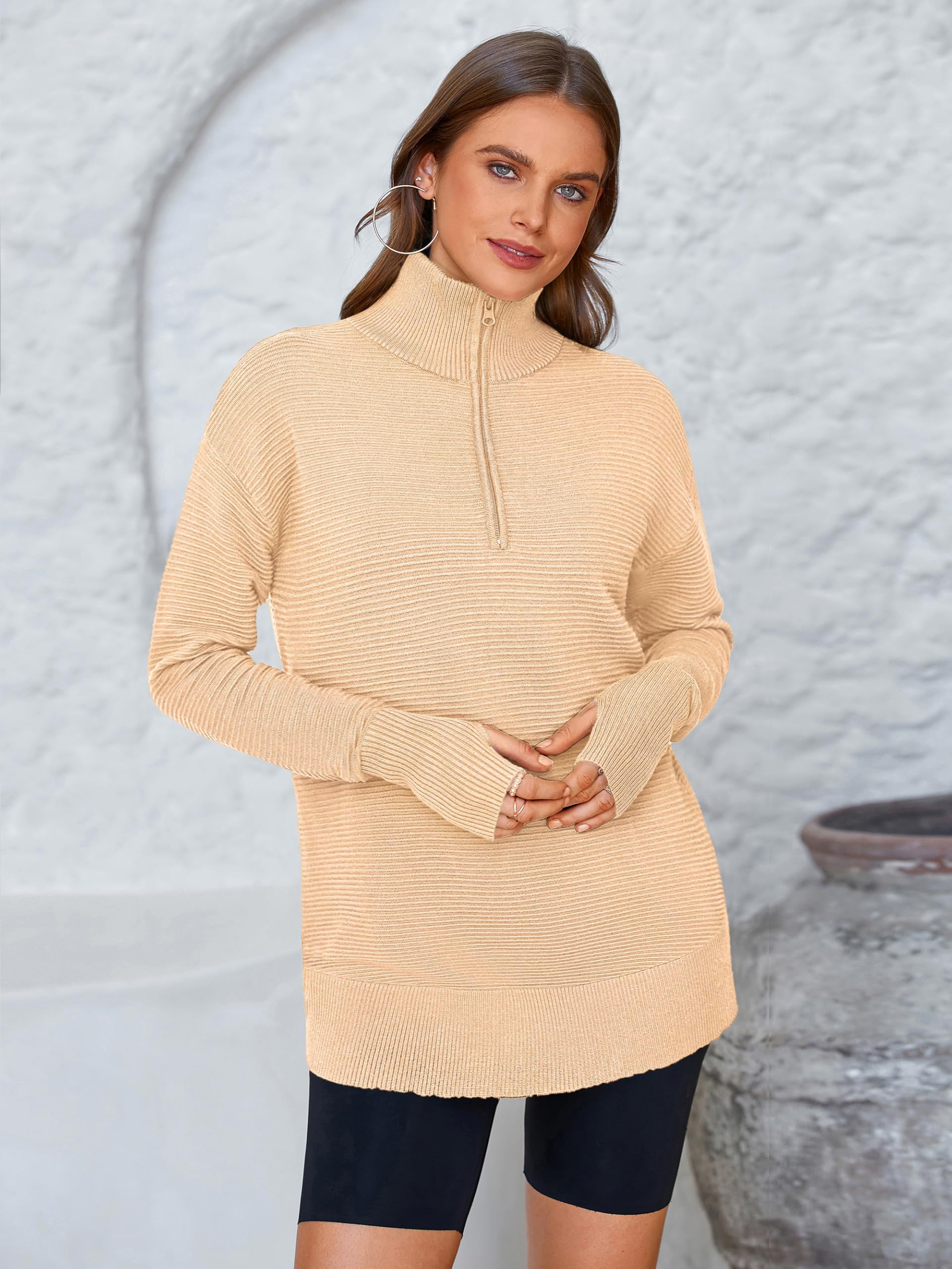 PRETTYGARDEN Womens Long Sleeve Quarter Zip Pullover Sweater Casual Loose V Neck Collared Ribbed Knit Jumper Tops Thumb Hole