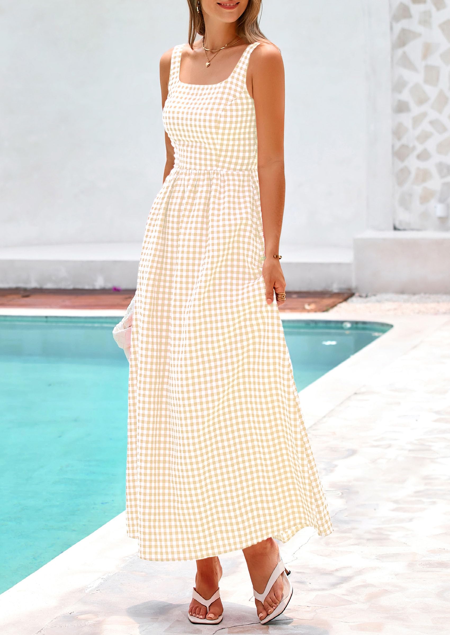 PRETTYGARDEN Women's Summer Spaghetti Strap Maxi Dresses Plaid Square Neck A Line Casual Beach Vacation Long Sundress