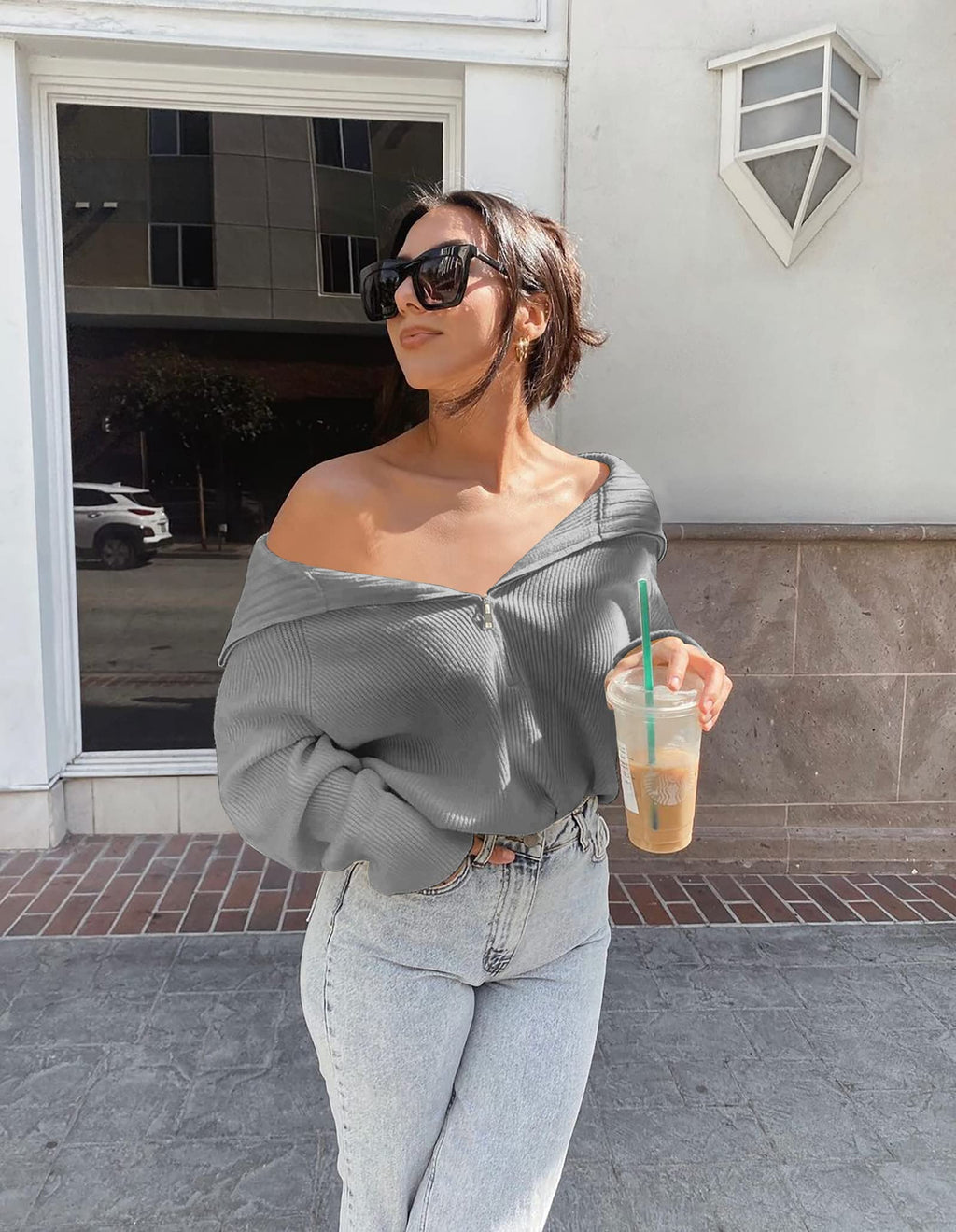 FreshPretty Womens Sweaters Quarter Zip Pullover V Neck Collar Long Sleeve Ribbed Knit Loose Casual Winter Fall Sweater