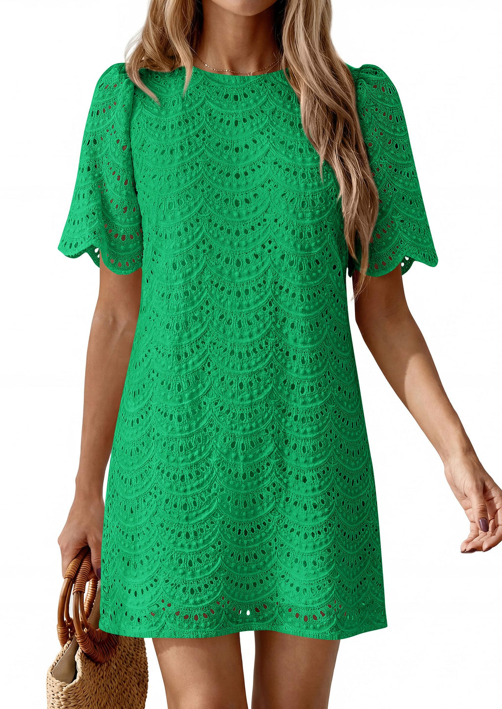 PRETTYGARDEN Women's Summer Casual Short Dresses Embroidered Lace Short Sleeve Boho Mini Dress Beach Vacation Clothes