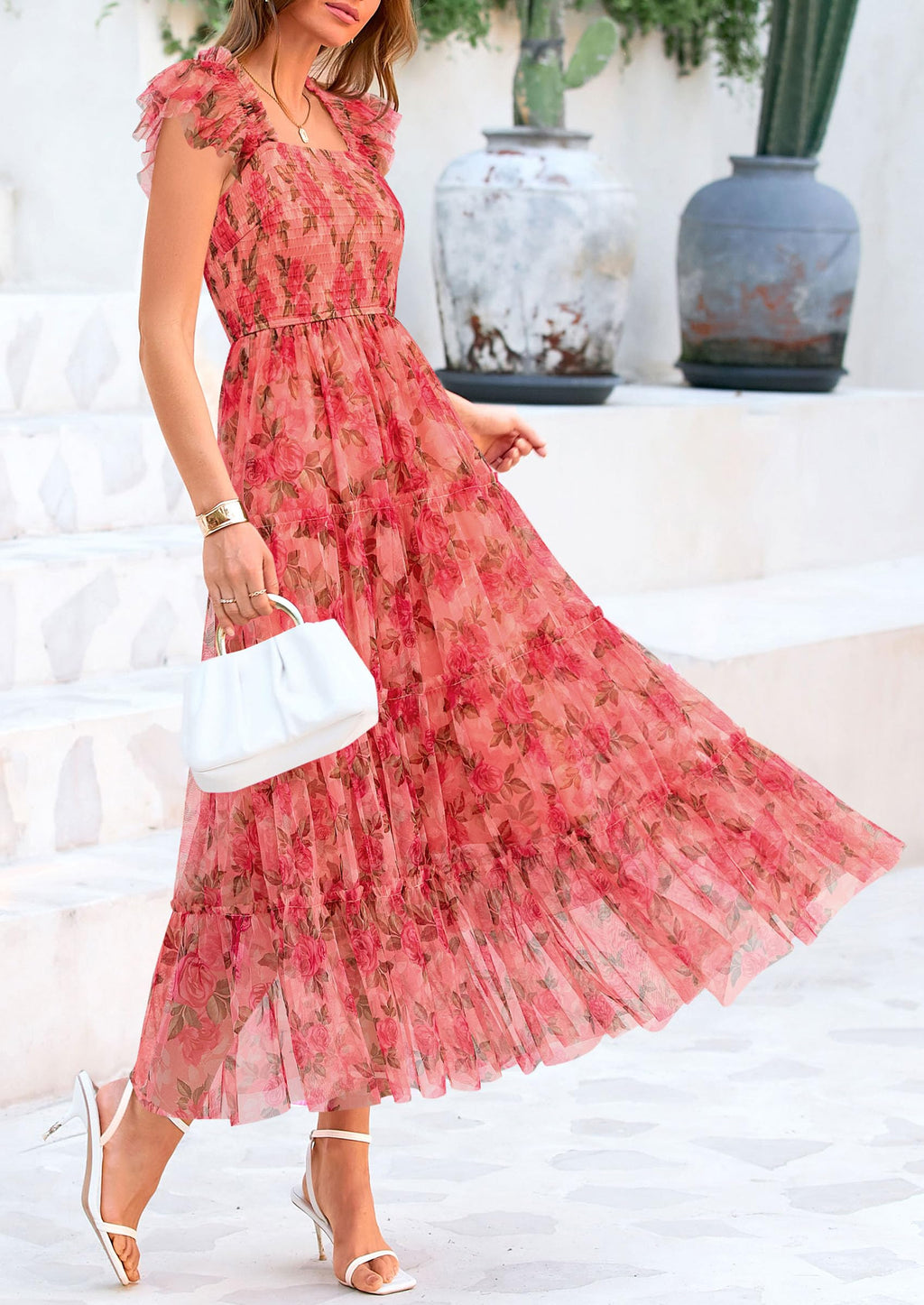 PRETTYGARDEN Women's Summer Tulle Midi Dress Sleeveless Smocked Ruffle Flowy Mesh Dresses Party Wedding Guest Sundress