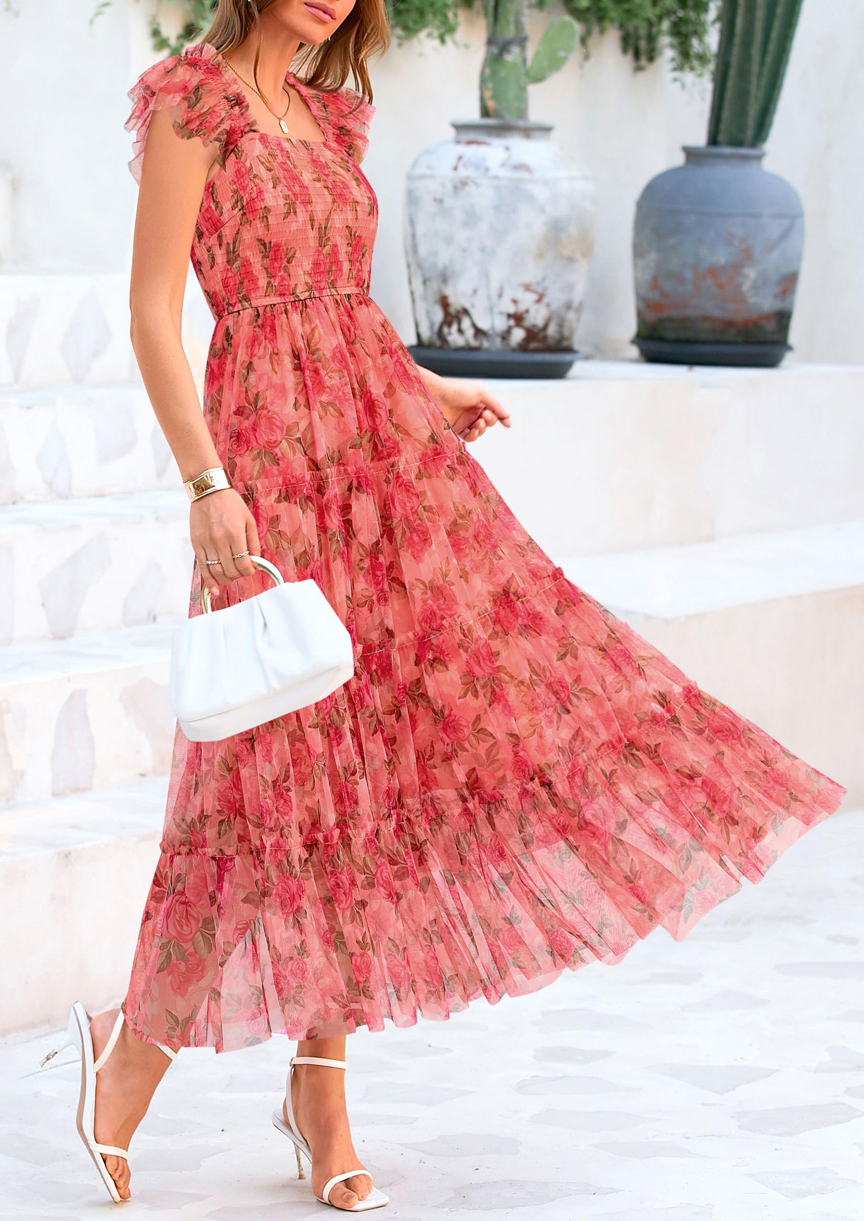 PRETTYGARDEN Women's Summer Tulle Midi Dress Sleeveless Smocked Ruffle Flowy Mesh Dresses Party Wedding Guest Sundress