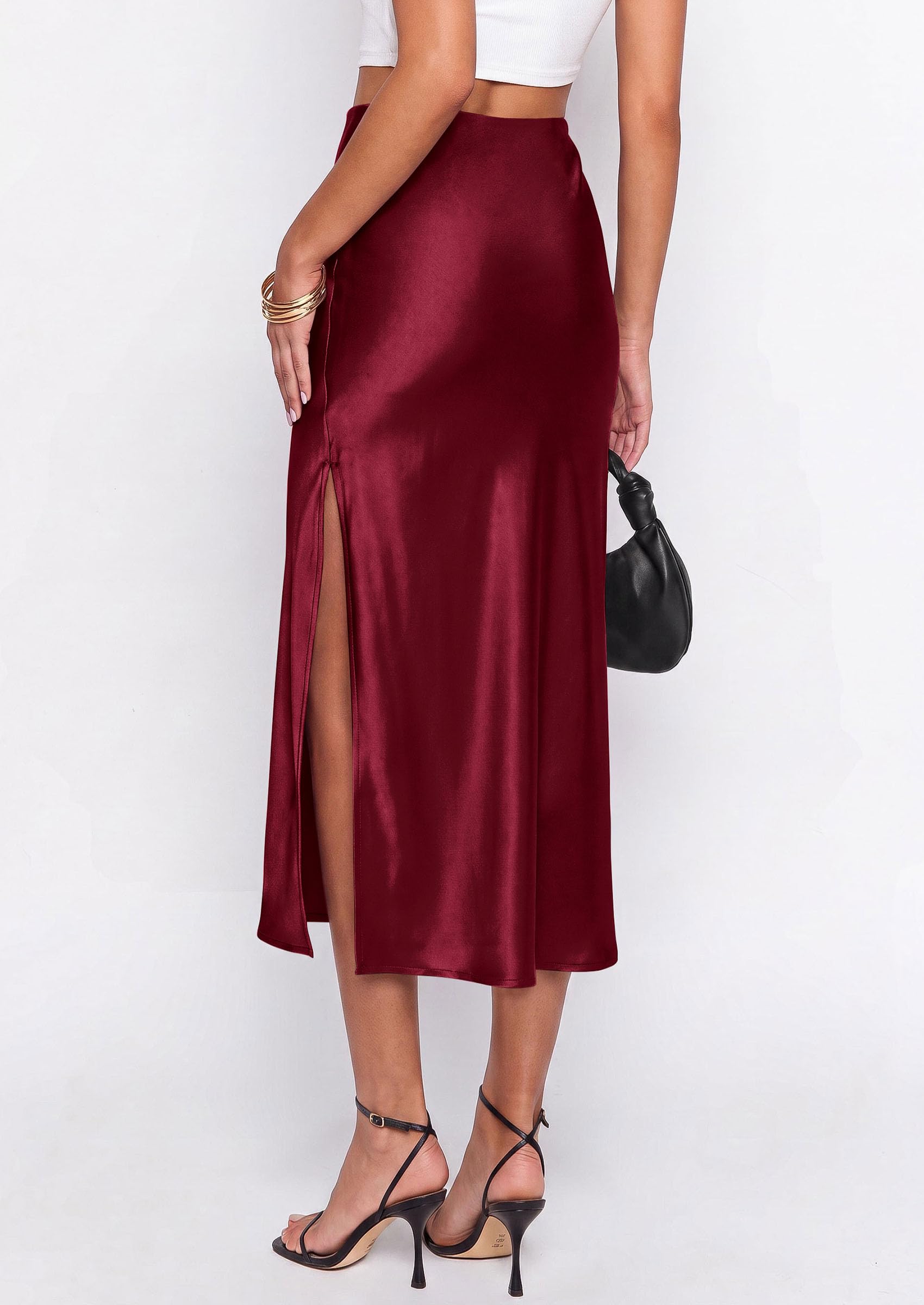 PRETTYGARDEN Womens Satin Skirt Summer Silk Business Casual High Waisted A Line Flowy Work Wedding Cocktail Midi Skirts