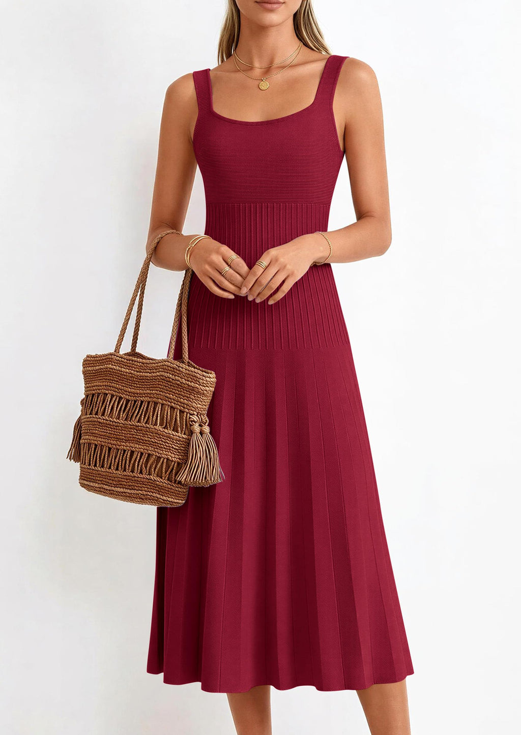 PRETTYGARDEN Spring Dresses for Women Summer Casual Sleeveless Square Neck A Line Knit Pleated Midi Cocktail Party Dress